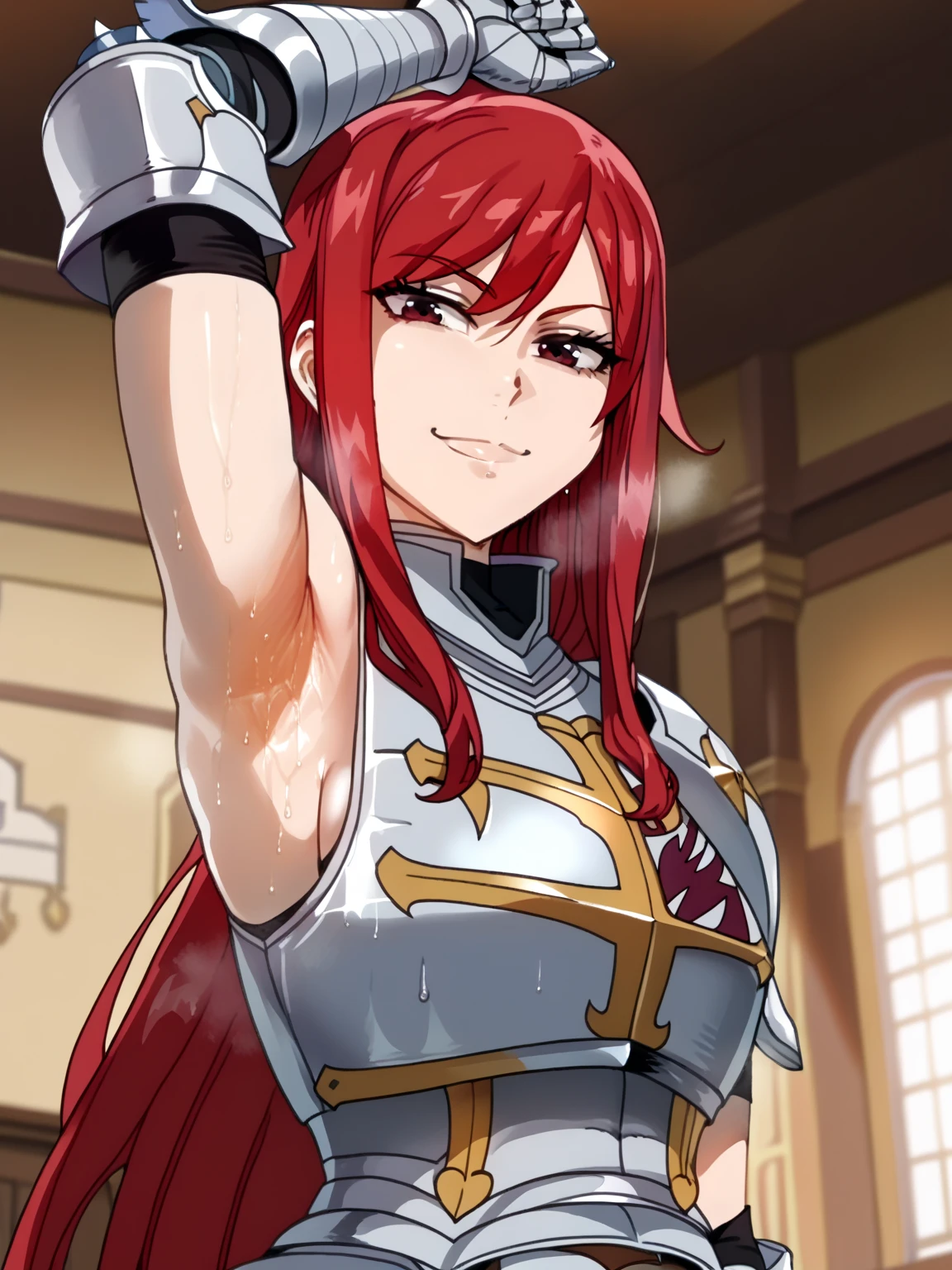 score_9, score_8_up, score_7_up, source_anime, anime screencap, 1girl, solo, Erza_Scarlet_First, brown_eyes, red_hair, long_hair, large_breasts, armor, breastplate, gauntlets, armored_dress, sleeveless, arm up, raised arm, armpit, armpit focus, looking at viewer, smile, closed mouth, indoors, from side, from below, badhandv4, sweaty armpit