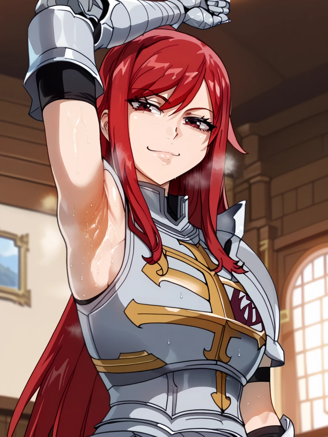 score_9, score_8_up, score_7_up, source_anime, anime screencap, 1girl, solo, Erza_Scarlet_First, brown_eyes, red_hair, long_hair, large_breasts, armor, breastplate, gauntlets, armored_dress, sleeveless, arm up, raised arm, armpit, armpit focus, looking at viewer, smile, closed mouth, indoors, from side, from below, badhandv4, sweaty armpit