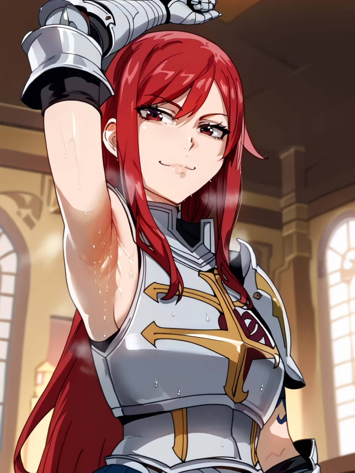 score_9, score_8_up, score_7_up, source_anime, anime screencap, 1girl, solo, Erza_Scarlet_First, brown_eyes, red_hair, long_hair, large_breasts, armor, breastplate, gauntlets, armored_dress, sleeveless, arm up, raised arm, armpit, armpit focus, looking at viewer, smile, closed mouth, indoors, from side, from below, badhandv4, sweaty armpit