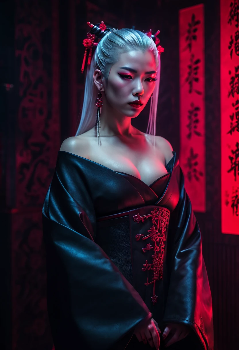 geisha.Woman. Samurai. (((Anne Hathaway :Selena gomez:0.7))) background red. white hair. tattooed. Eyes red . Grinning . open arms