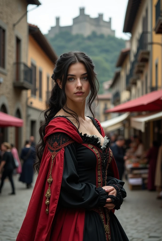 wetshirt, woman standing in a downpour, european village, dirndl dress, (by Steve McCurry, by Alessio Albi, by Lee Jeffries, by Herb Ritts, by Jeremy Mann:0.8), black hair, updo, close-up, leaning against wall, cobblestone, rain, street, bokeh, red ribbons, wetshirt,  
