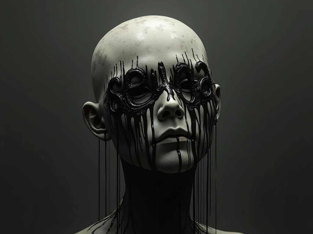 bs, solo, simple background, monochrome, upper body, greyscale, bodysuit, black background, 1other, monster, arms at sides, horror (theme), a girl, her jaw is broken, blooded