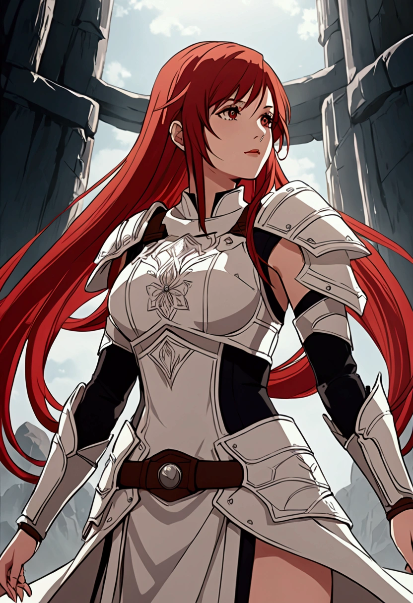 Only face to be shown, beautiful anime woman, red hair, long twintails, wearing light warrior costume, in her 20s 