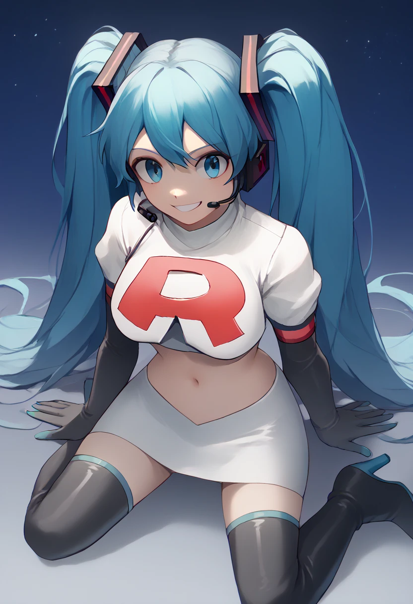 Team rocket, team rocket uniform, red letter R, white skirt,white crop top,black thigh-high boots, black elbow gloves, evil smile, night sky background, headset, large breasts, high-heeled boots, Hatsune Miku, blue hair, twintails