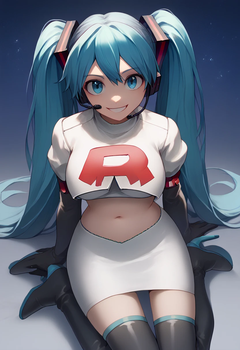 Team rocket, team rocket uniform, red letter R, white skirt,white crop top,black thigh-high boots, black elbow gloves, evil smile, night sky background, headset, large breasts, high-heeled boots, Hatsune Miku, blue hair, twintails