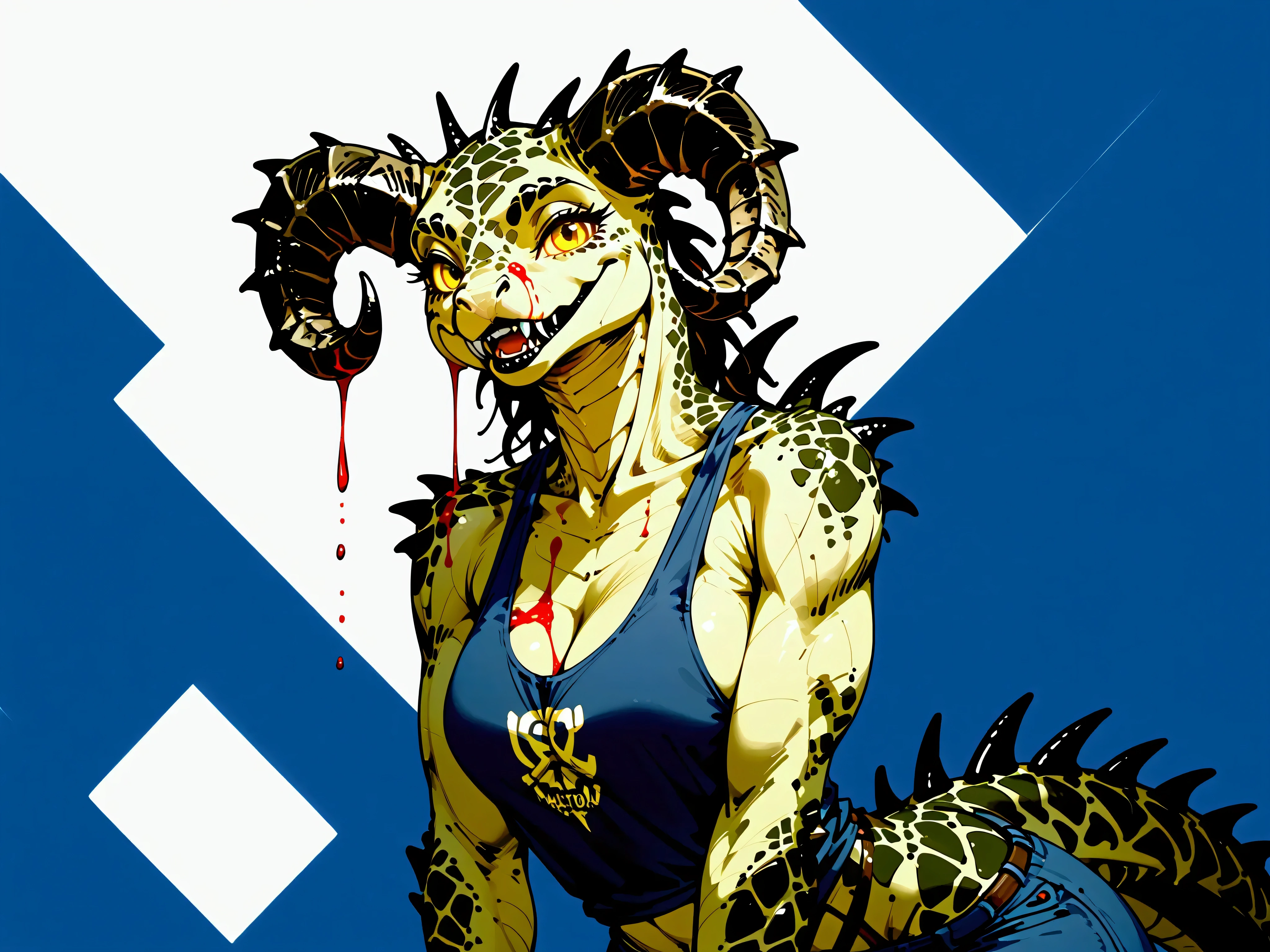 (((Masterpiece))), ((4k)), (best body), Solo, score_9,score_8_up,score_7_up, kemono style, Anthro deathclaw from fallout, Anthro reptile girl, snout, green scaled skin, gold eyes, black lips, black horns, black ram horns, athletic body, smiling, wearing  laced tank top and a small blue vail over bridge of nose, (detailed background), (full body) digitigrade legs, ink eyes 