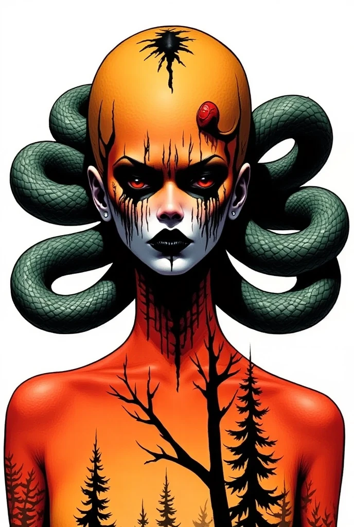 Medusa, splash page decompressed comic cover art, ink style figure,((expressive Joelle Jones and "Sean Gordon Murphy" comic drawing)), wordless, cinematic poster, double exposure, optical illusion, image within image, abyss void black no visibility darkness, full length portrait, (background, pine barrens, entropy, rewilding, magic hour sunset, galaxy stars, cosmos), (horror, abstract, surreal, body, cosmic), candid, snake skin dress, body anatomy drawn Frederic Delavier musculature anatomical illustration, (face, ornate black metal corpse paint, resembles Grace Jones), (body, Naga, snakefolk, lower body snake tail, snake woman hybrid, bald, hairless, skeleton, snake skin tattoos, piercing eyes, snake pupils, over the shoulder), (colors, bleak muted deep fiery radiant glowing ROYGBIV, forest green, earth brown), craftsmanship nuance, (Gerardo Zaffino charcoal), subliminal orchids, nyctophobia, silhouette