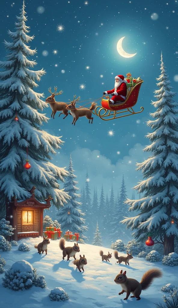 " Create a magical Christmas scene with Santa Claus Arriving at an enchanted colony, flying in his hyena-drawn sleigh . The sleigh is filled with bright and magical lights , as he lands softly on the colony , where gifts are falling everywhere . The colony is a magical place , covered in snow, with ice flakes gently falling from the sky . There are many Chinese-like , squirrels , running Around and helping Santa Claus unload the sleigh presents . The surrounding trees are covered in snow , creating a festive and enchanting atmosphere . The scene must capture the joy and magic of Christmas , with a touch of fantasy."