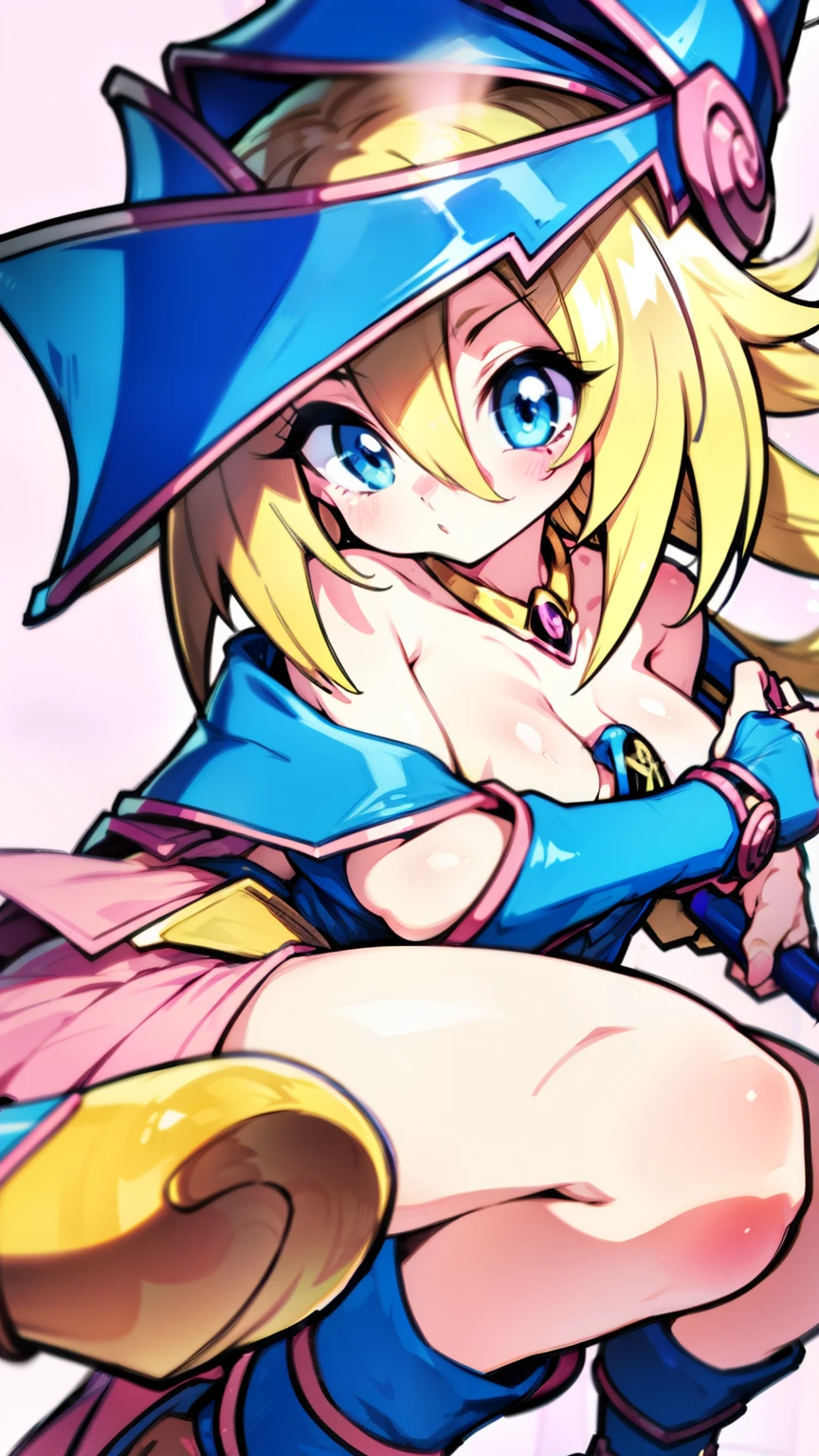 Very detailed、Highest quality、Best image quality、masterpiece、8k、Anime Face、A kind smile、Open your mouth、Blonde Hair Color、Black Magician Girl、Completely naked、All Nude、Medium size、Embarrassed look、forest、spring、Back view、Very beautiful buttocks、A well-shaped butt、On all fours