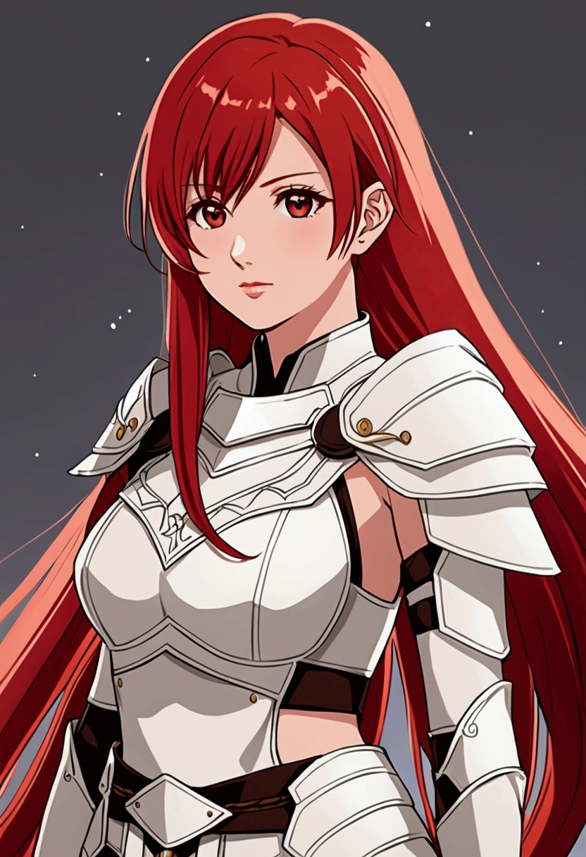 Only face to be shown, beautiful anime woman, red hair, long twintails, wearing light warrior costume, in her 20s 