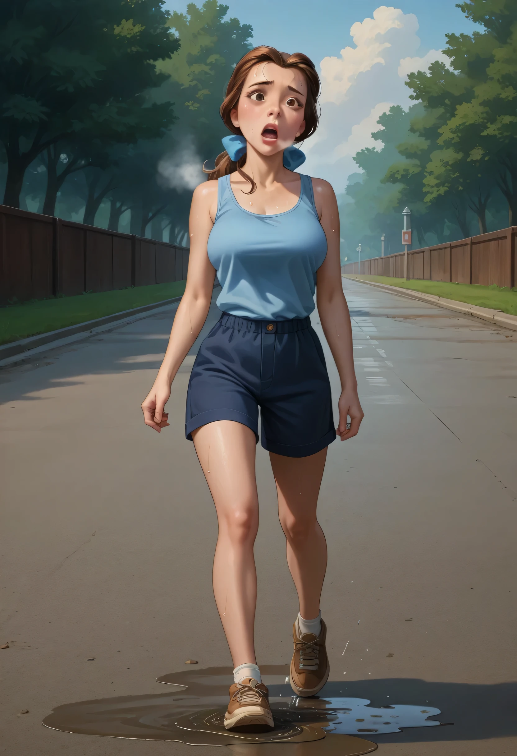 PonyXLV6_Scores ,source_anime, masterpiece,best quality, highly detailed,cinematic, BREAK belle,1girl, solo, brown hair, shirt,brown eyes, blue tanktop, looking at viewer, full body, outdoors, bow, ponytail, open mouth, long hair, hair bow, black shorts, blue bow, large breasts, exhuasted, breathing heavliy, solo, sweating profusely, open mouth, exhausted, heavy breathing, dripping sweat, puddle of sweat on the ground, steam coming out her mouth