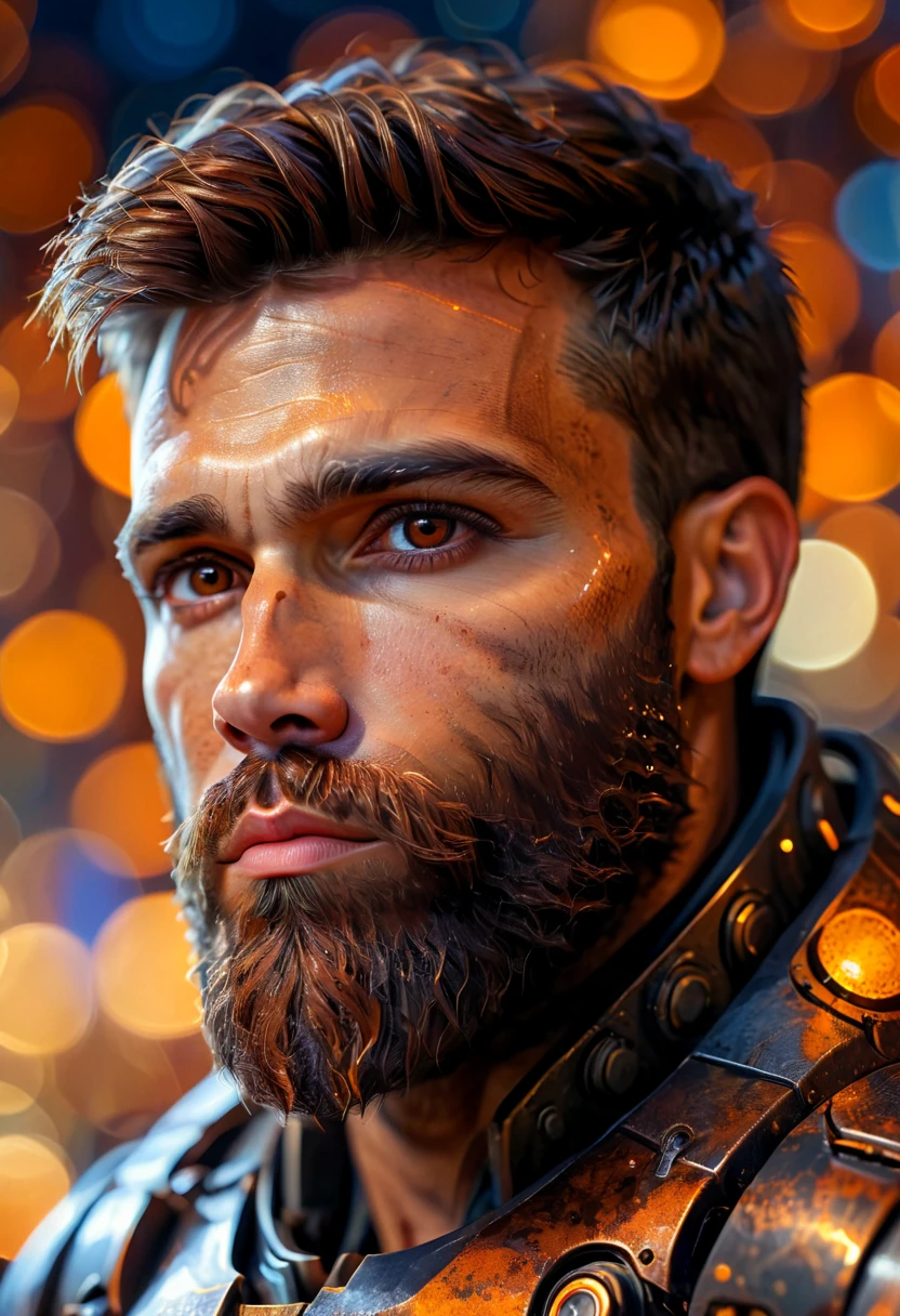 Portrait photo of muscular bearded guy in a worn mech suit, ((light bokeh)), intricate, (steel metal [rust]), elegant, sharp focus, photo by greg rutkowski, soft lighting, vibrant colors, (masterpiece), ((streets)), (detailed face:1.2), (glowing dark brown  eyes:1.1)
