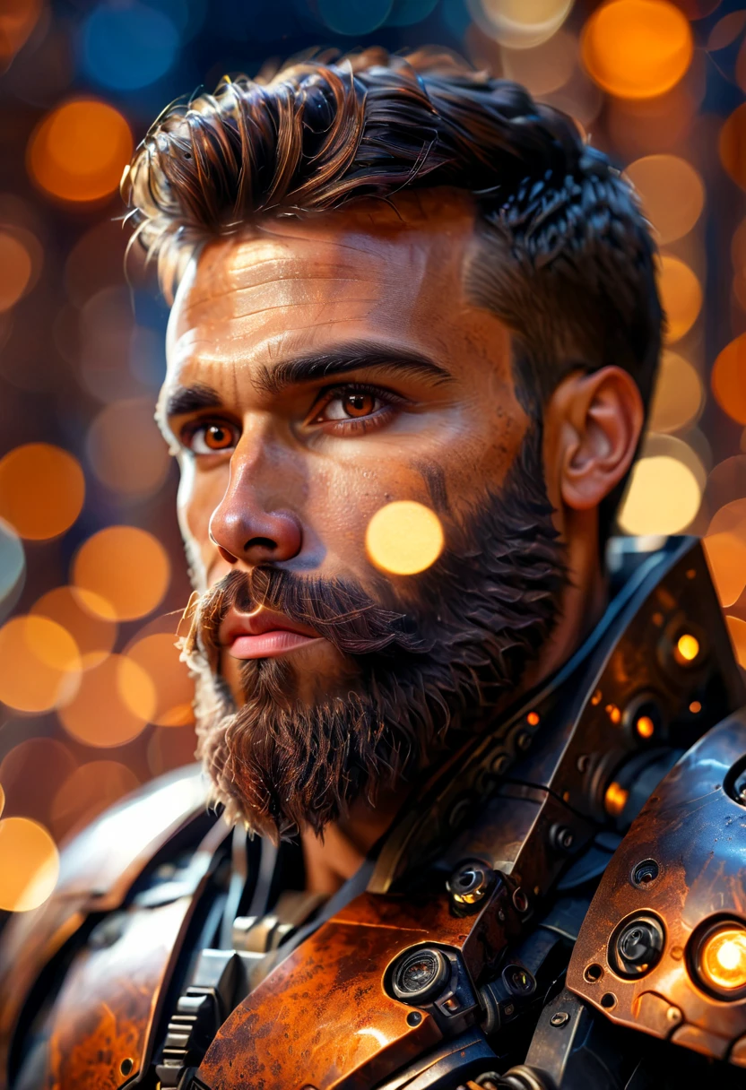 Portrait photo of muscular bearded guy in a worn mech suit, ((light bokeh)), intricate, (steel metal [rust]), elegant, sharp focus, photo by greg rutkowski, soft lighting, vibrant colors, (masterpiece), ((streets)), (detailed face:1.2), (glowing dark brown  eyes:1.1)
