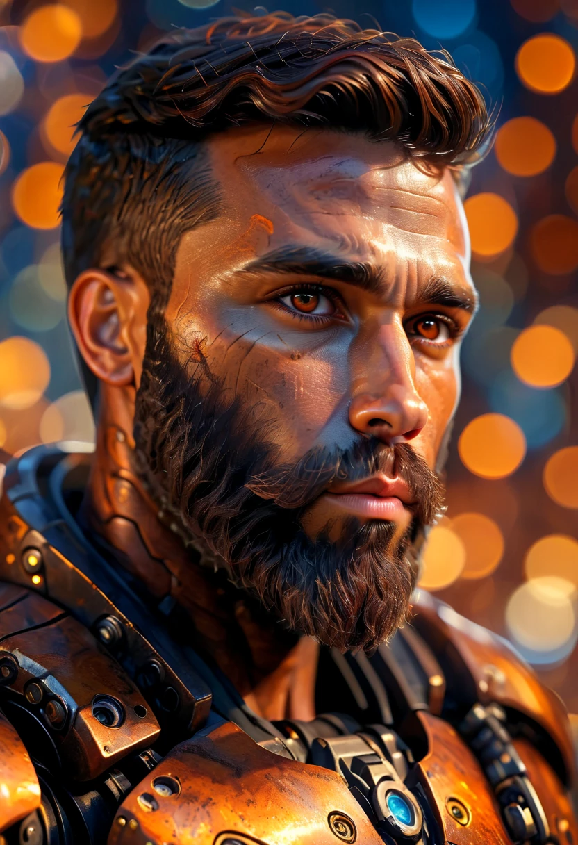 Portrait photo of muscular bearded guy in a worn mech suit, ((light bokeh)), intricate, (steel metal [rust]), elegant, sharp focus, photo by greg rutkowski, soft lighting, vibrant colors, (masterpiece), ((streets)), (detailed face:1.2), (glowing dark brown  eyes:1.1)
