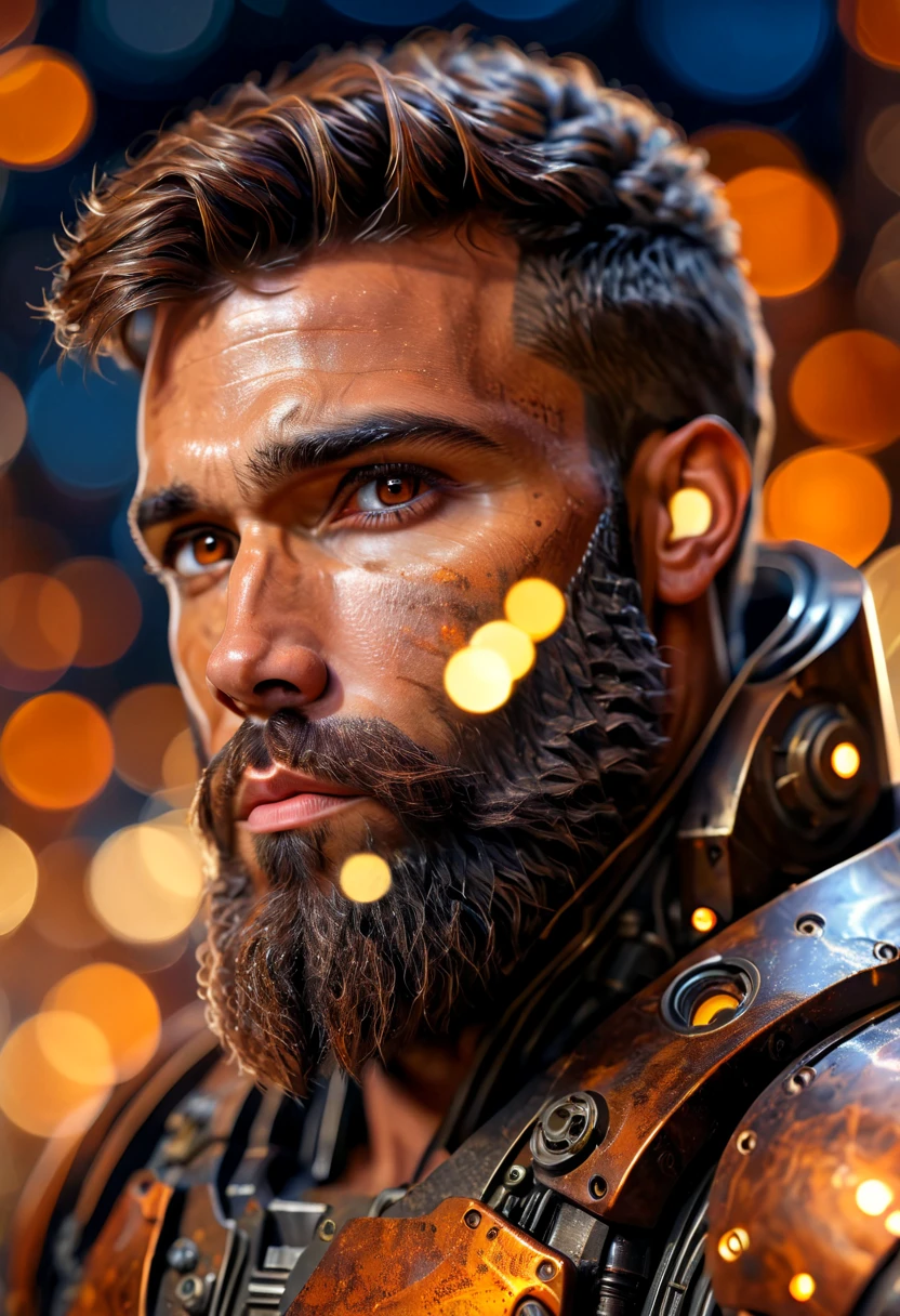 Portrait photo of muscular bearded guy in a worn mech suit, ((light bokeh)), intricate, (steel metal [rust]), elegant, sharp focus, photo by greg rutkowski, soft lighting, vibrant colors, (masterpiece), ((streets)), (detailed face:1.2), (glowing dark brown  eyes:1.1)
