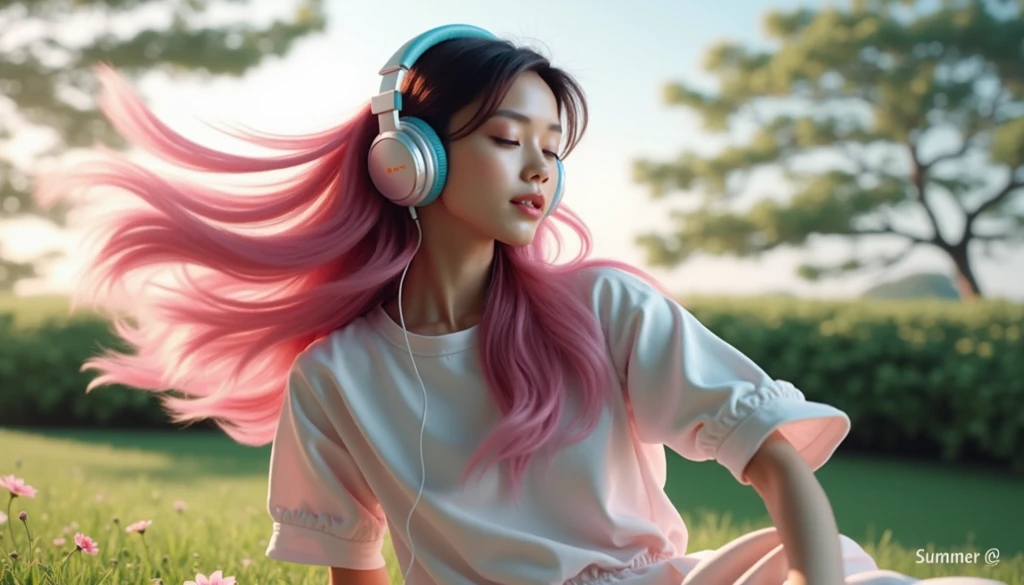 (highest quality）、（masterpiece：1.2）、（colorful：0.9）、（color scattering), High resolution,  ((highest quality)), (Super detailed), (beautiful), alone, beautiful face、(Detailed cute woman laying on a fluffy cloud, nude, in the night sky with twinkling stars and a beautiful glowing moon, listening to music with headphones on and happily closing her eyes:1.3)、(Colorful long shiny blonde hair:1.2),colorful eyes,dramatic、pastel colour