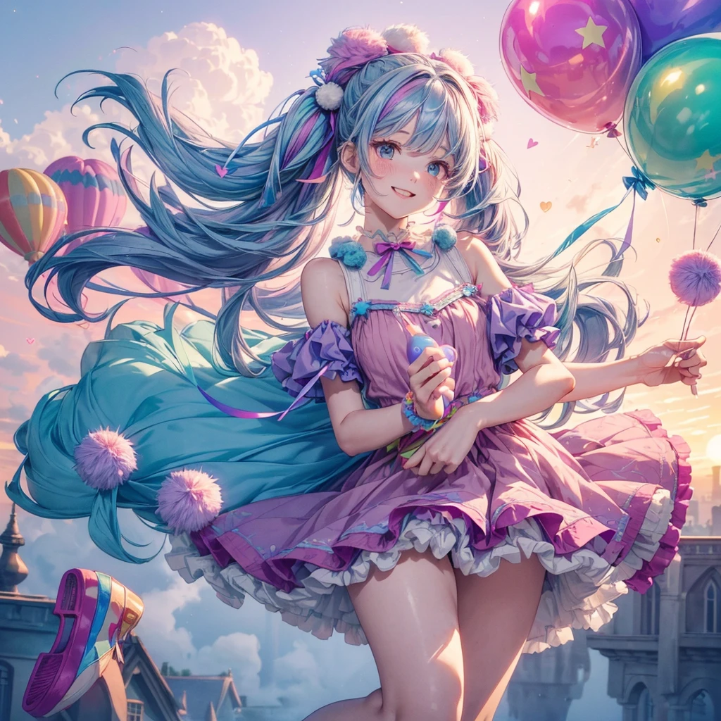Poster making, infographiste, femme magnifique, in a futuristic amusement park, A dazzling young woman holding a purple balloon with encoded fractals inside this happy balloon, radiant femininity, heureuse et sensuelle, extremely detailed
