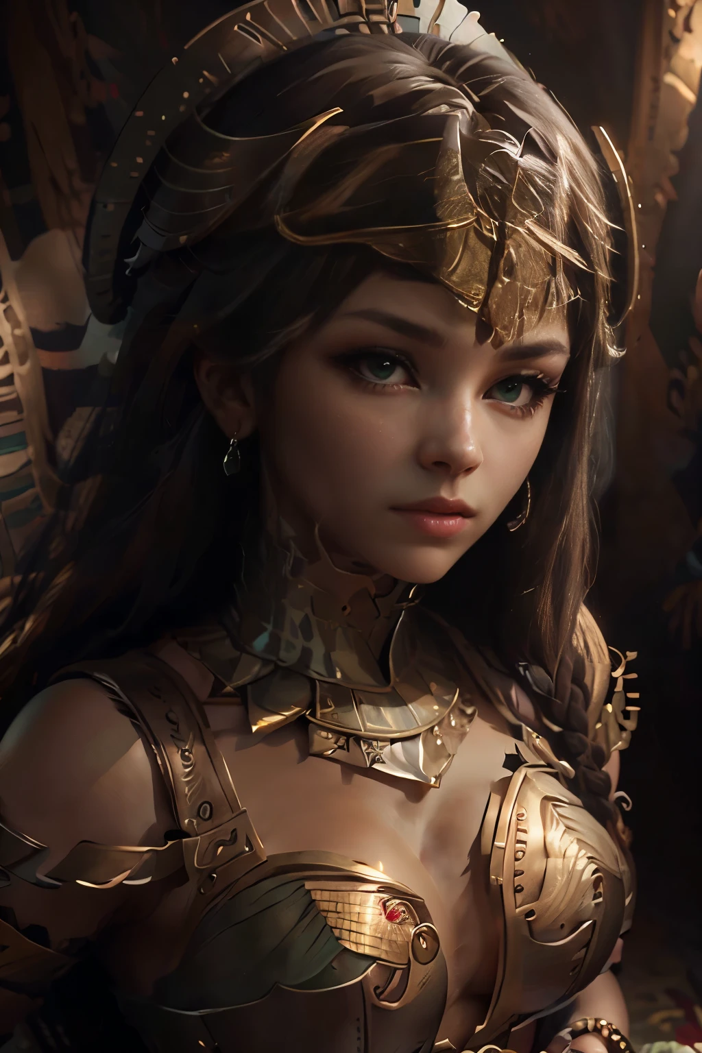 hyper realistic portrait shot of a beautiful egyptian queen, looking down proudly on the camera with her expressive green eyes, tanned skin tone , thin nose , black braided bob hair with golden accessories and jewelries , wearing a white see tough dress