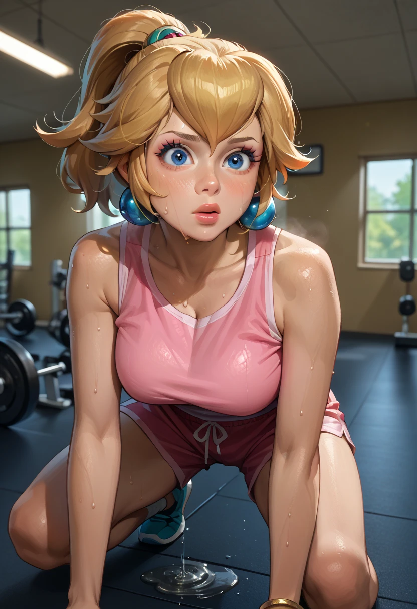 score_9, score_8_up, score_7_up, BREAK,princesspeach, 1girl, solo, , blonde hair, ponytail, jewelry, bracelet, makeup, casual, cowboy shot, blue eyes, looking at the viewer, large breasts, hands on knees, pink tanktop, sweaty, pink shorts, sweating profusely, open mouth, exhausted, heavy breathing, puddle of sweat on the ground, steam coming out her mouth, gym, indoors