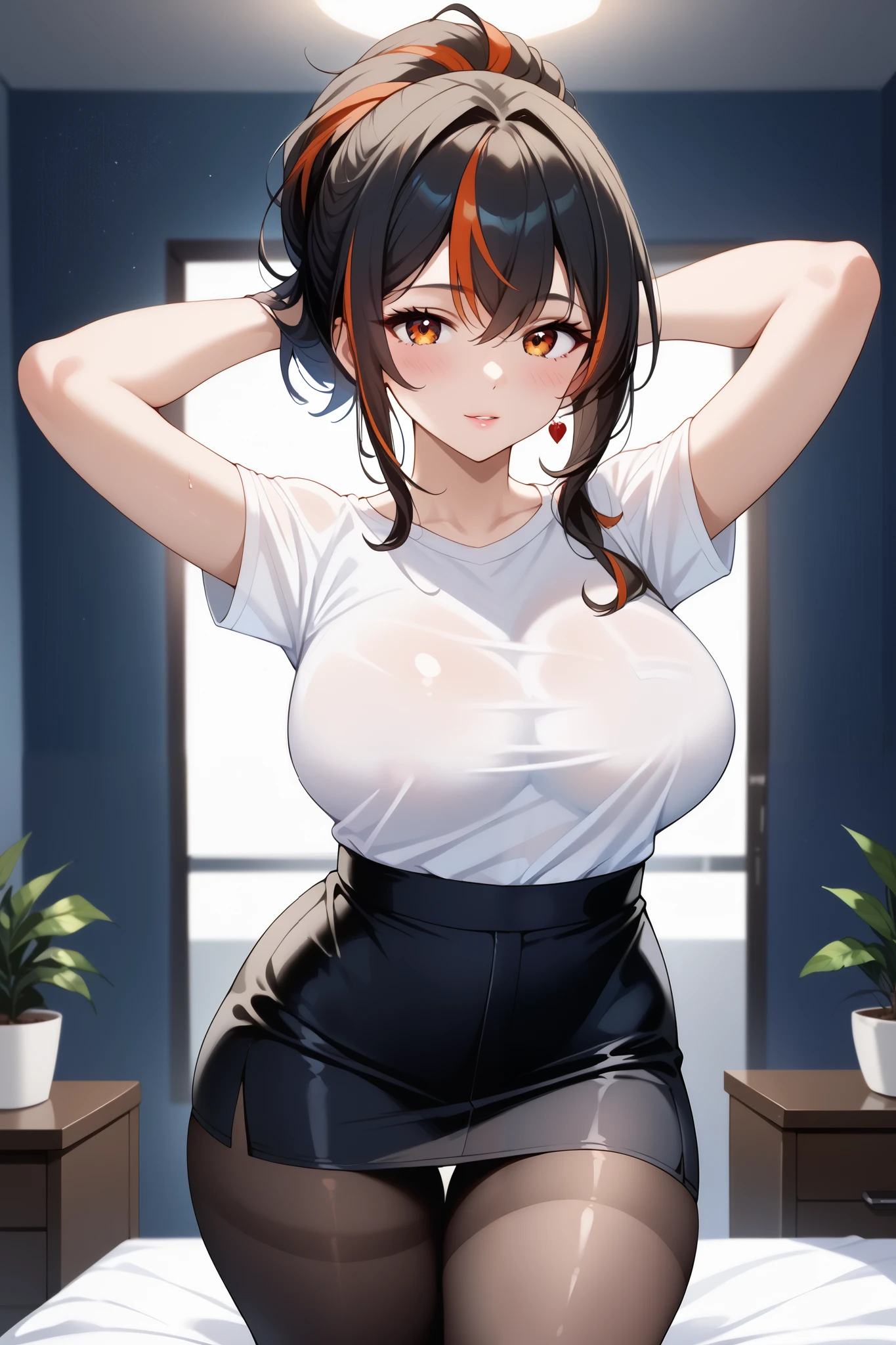 Masterpiece,high quality,2d mixed 3d, solo ,1 girl,zhu yuan,stand up,looking at viewers,streaked ponytail hair,large breasts,beauty legs,arms behind back head,slimfit white shirt,black span skirt pants ,((bed room)