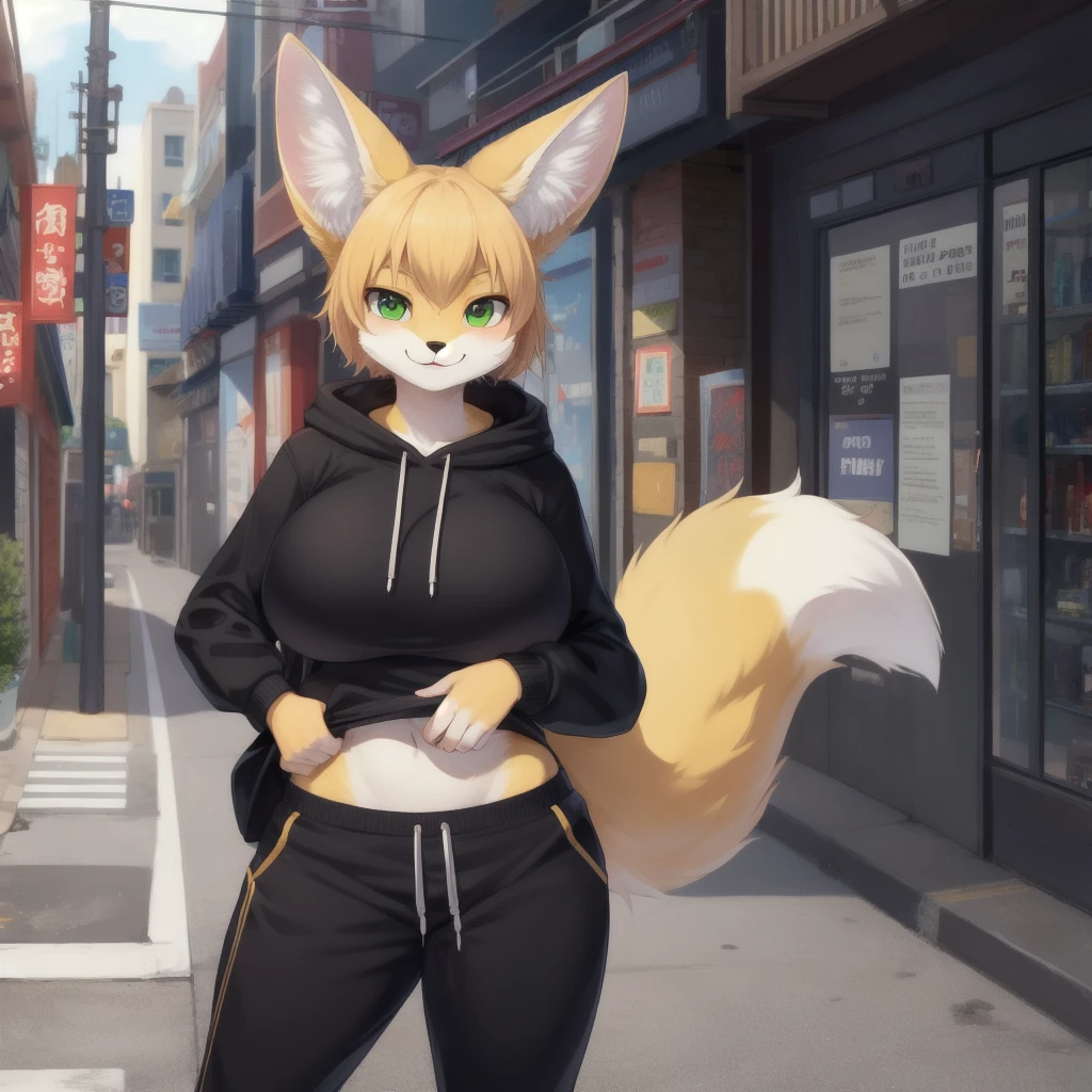 (HD, 4k, high resolution, best quality:1.4, high quality, detailed),((detailed background)),(street,looking at viewer)
,(furry,kemono,fennec fox),(solo),(yellow body fur:1.3),(short hair,bangs),standing,green eyes,detailed face,seductive smirk
,(big breasts,wide hip,from front)
,black hoodie,black sweatpants
