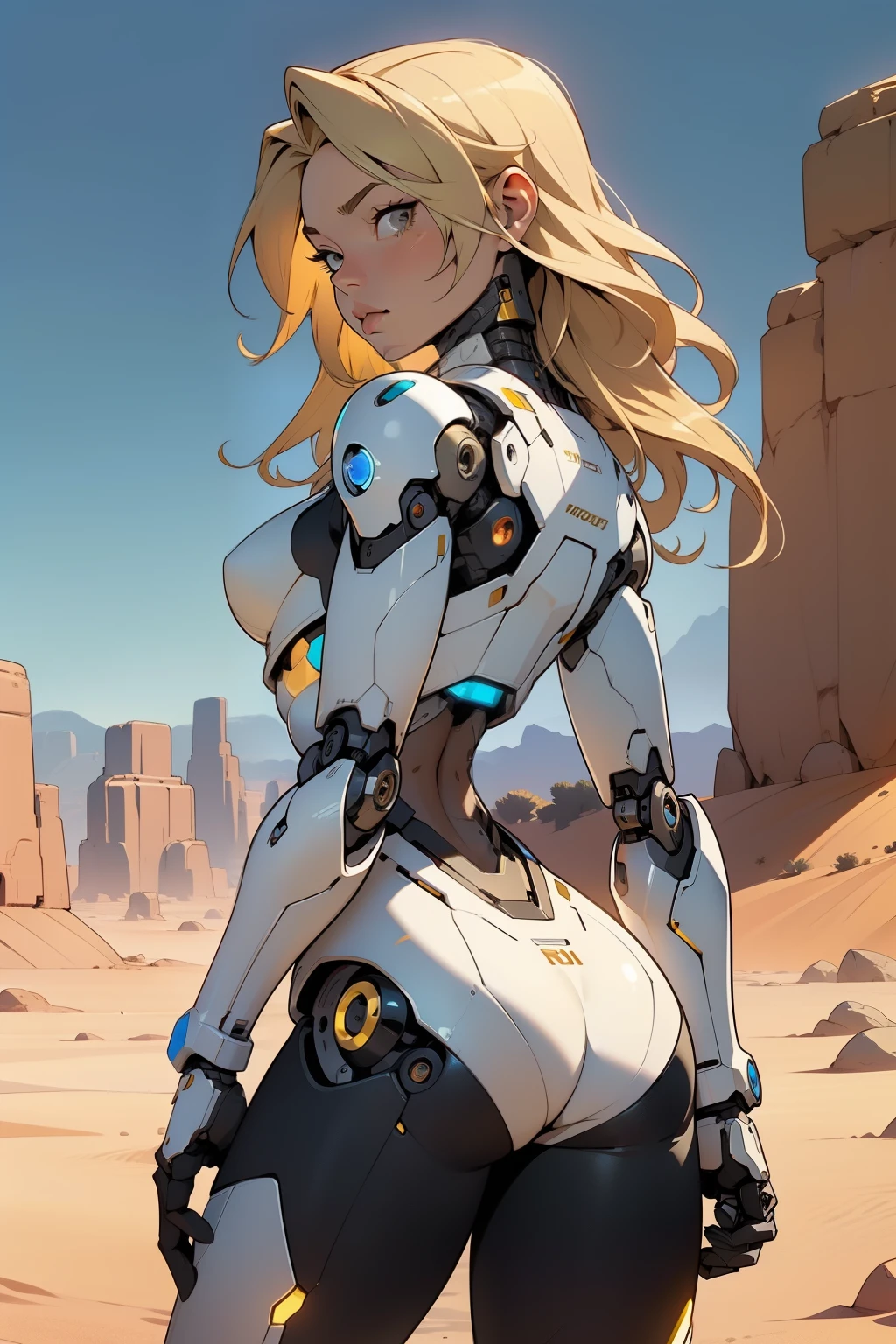 high quality, 4k, masterpiece, beautiful, cyborg girl, yellow design, cowboy shot, dull eyes, back side, turning around to look at viewer, long blonde hair, girl, small breasts, fit thigh, robotic arms, robotic body, cyborg body, yellow accent, redaccent, intricate detail, joint, detailed lines, robotic detail, 1fist on hip, color robotic parts, robotic parts with color, perfect fingers, on a desert planet, sunny background, colorful desert,