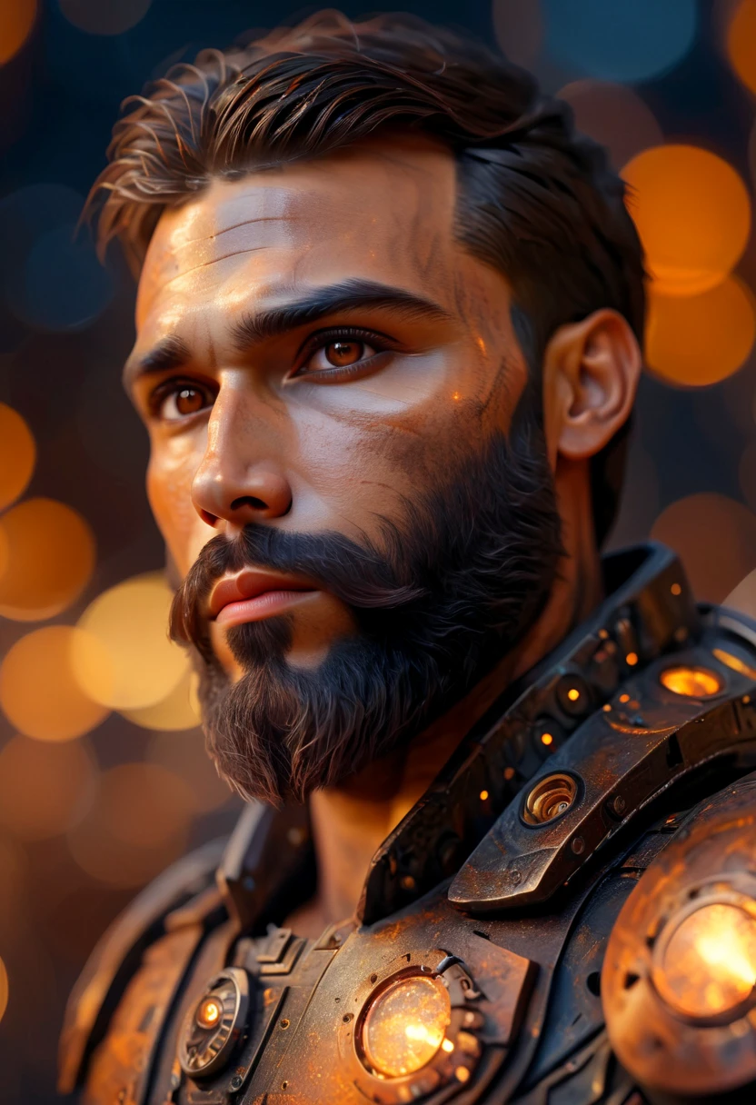 Portrait photo of muscular bearded guy in a worn mech suit, ((light bokeh)), intricate, (steel metal [rust]), elegant, sharp focus, photo by greg rutkowski, soft lighting, vibrant colors, (masterpiece), ((streets)), (detailed face:1.2), (glowing dark brown  eyes:1.1)
