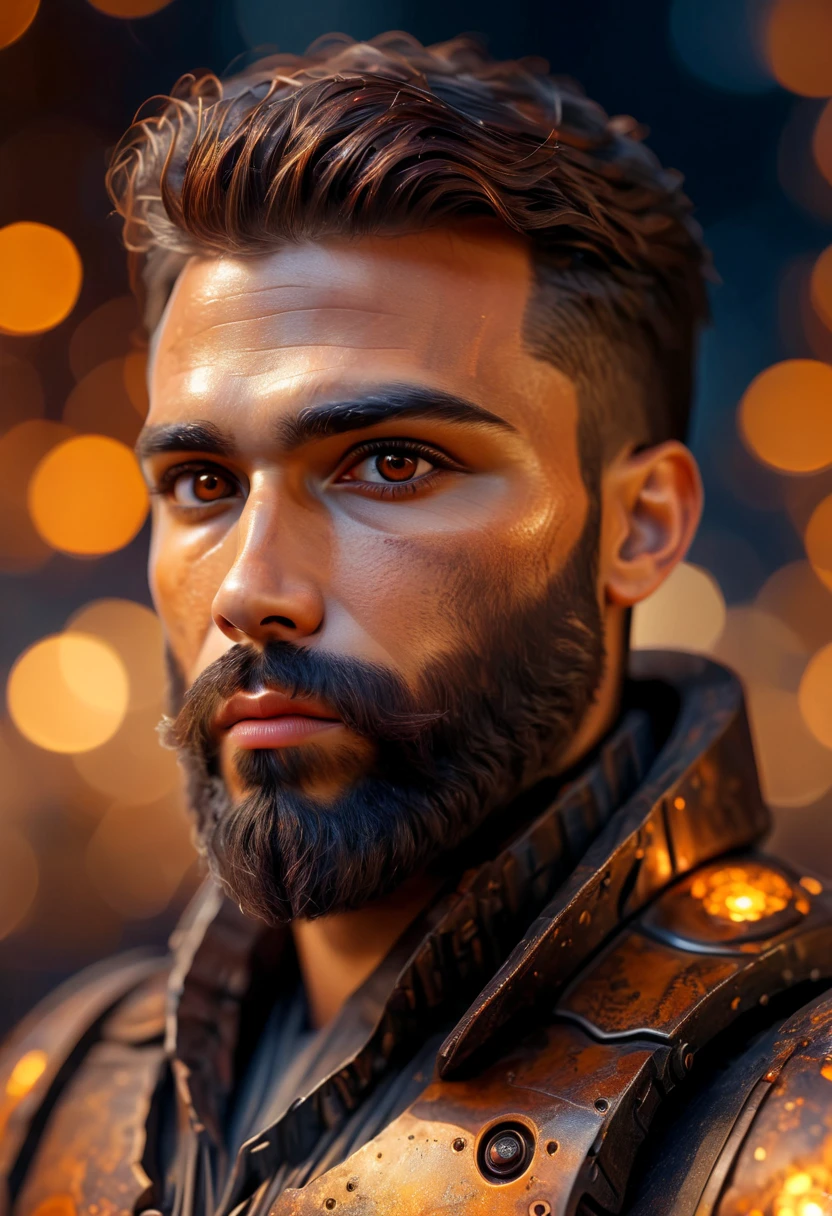 Portrait photo of muscular bearded guy in a worn mech suit, ((light bokeh)), intricate, (steel metal [rust]), elegant, sharp focus, photo by greg rutkowski, soft lighting, vibrant colors, (masterpiece), ((streets)), (detailed face:1.2), (glowing dark brown  eyes:1.1)
