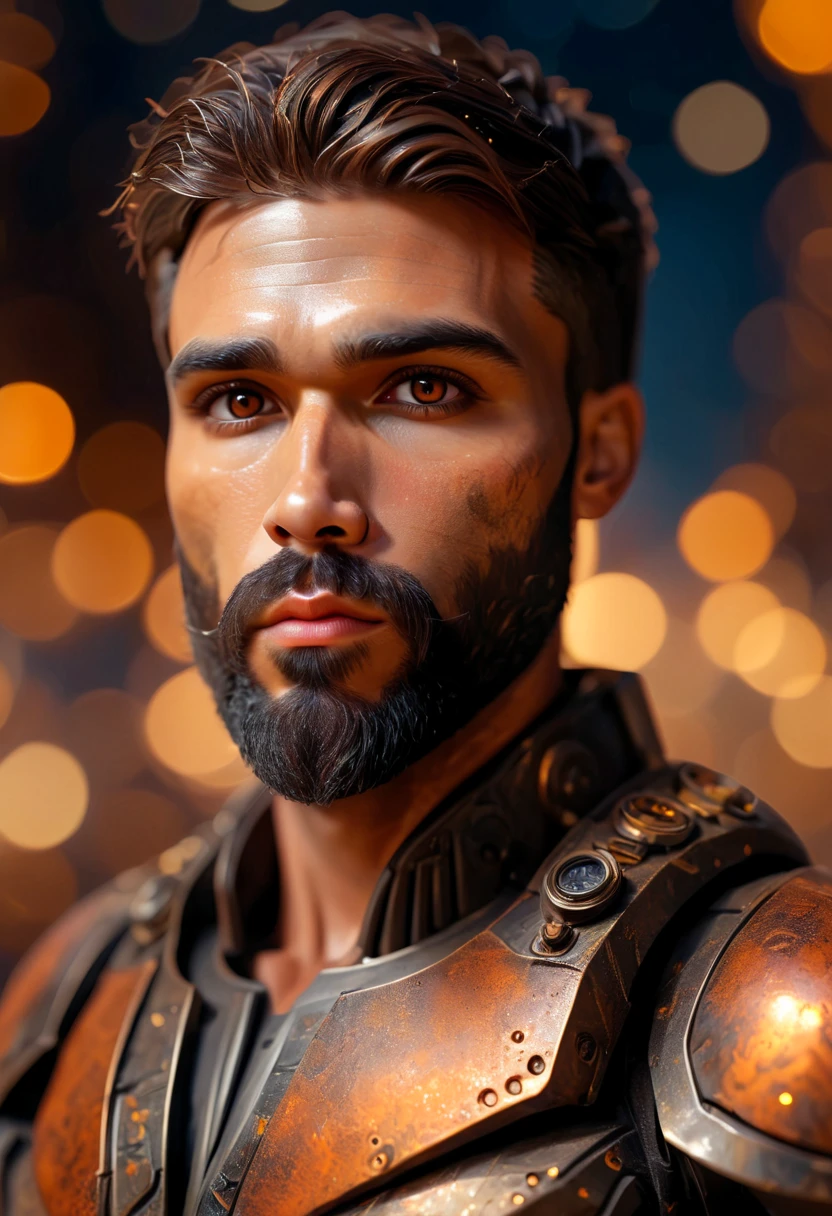 Portrait photo of muscular bearded guy in a worn mech suit, ((light bokeh)), intricate, (steel metal [rust]), elegant, sharp focus, photo by greg rutkowski, soft lighting, vibrant colors, (masterpiece), ((streets)), (detailed face:1.2), (glowing dark brown  eyes:1.1)
