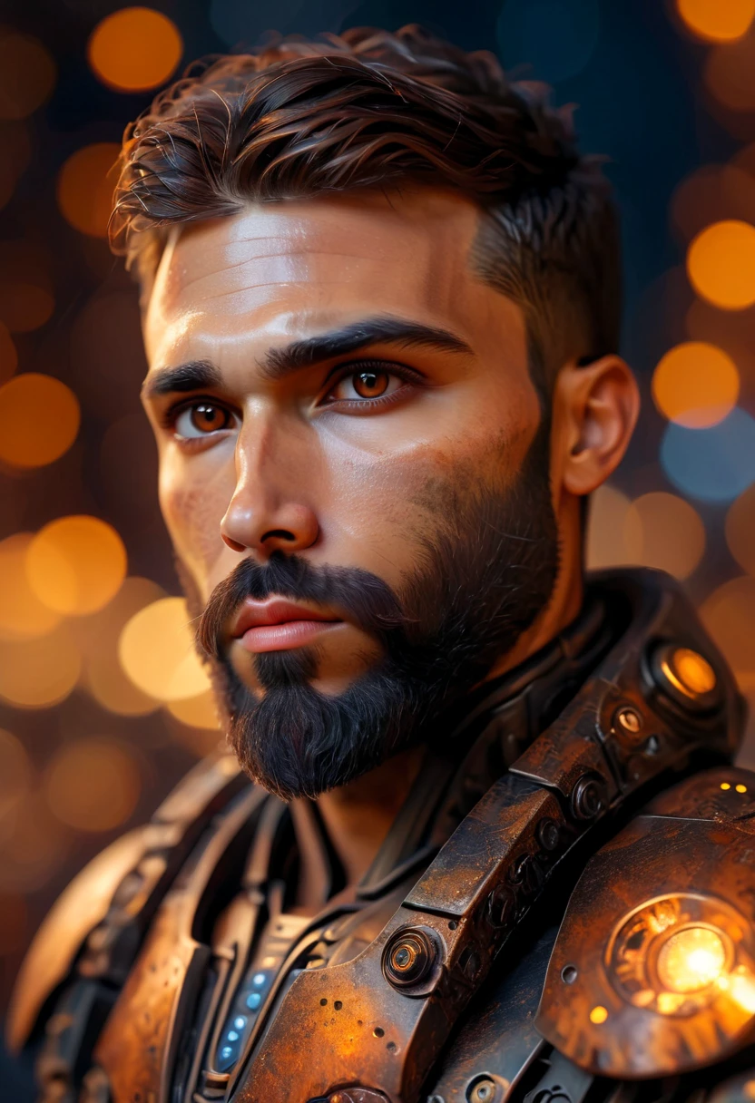 Portrait photo of muscular bearded guy in a worn mech suit, ((light bokeh)), intricate, (steel metal [rust]), elegant, sharp focus, photo by greg rutkowski, soft lighting, vibrant colors, (masterpiece), ((streets)), (detailed face:1.2), (glowing dark brown  eyes:1.1)
