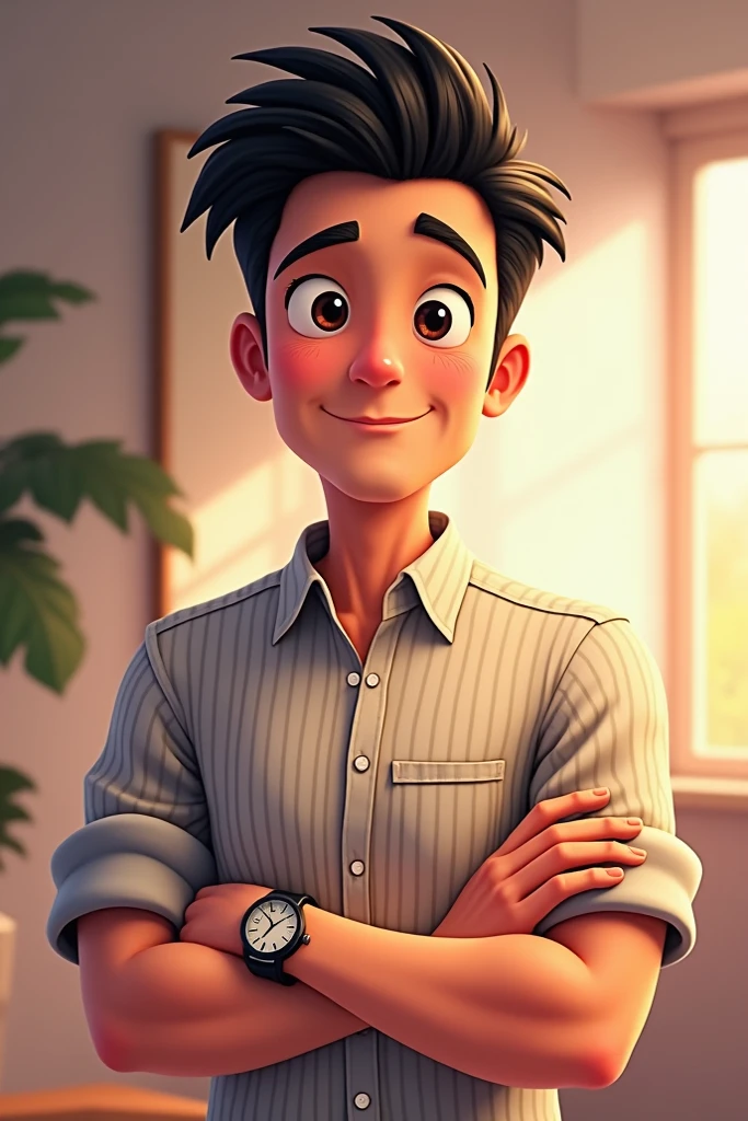 "An animated cartoon-style illustration of a young man with neatly combed black hair, wearing a striped button-up shirt with a wristwatch visible on his left wrist. The expression is calm and confident, with a subtle smile. Background is a minimalist interior setting, with soft lighting. The illustration style is vibrant, colorful, and highly detailed, focusing on capturing the essence of the facial features and posture."