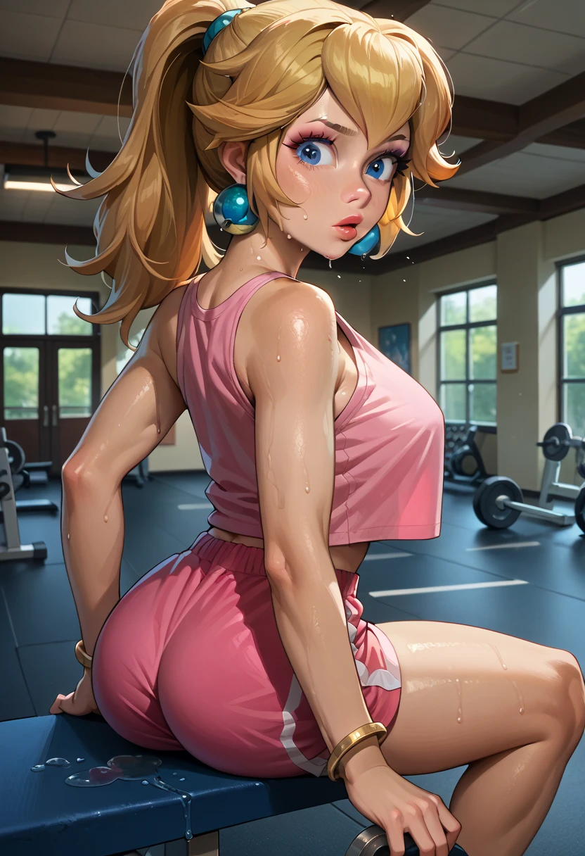 score_9, score_8_up, score_7_up, BREAK,princesspeach, 1girl, solo, , blonde hair, ponytail, jewelry, bracelet, makeup, casual, cowboy shot, blue eyes, looking at the viewer, large breasts, hands on knees, pink tanktop, sweaty, pink shorts, sweating profusely, open mouth, exhausted, heavy breathing, puddle of sweat on the ground, steam coming out her mouth, gym, indoors, looking back, ass focus