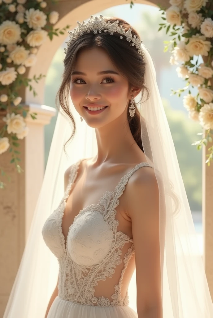 lucy pinder, face portrait, thailand woman, smiling, bride, brown lipstick