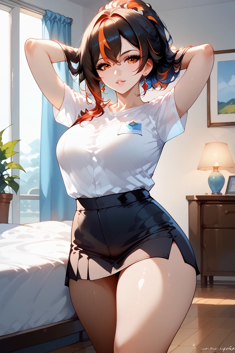 Masterpiece,high quality,2d mixed 3d, solo ,1 girl,zhu yuan,stand up,looking at viewers,streaked ponytail hair,large breasts,beauty legs,arms behind back head,slimfit white shirt,black span skirt pants ,((bed room)