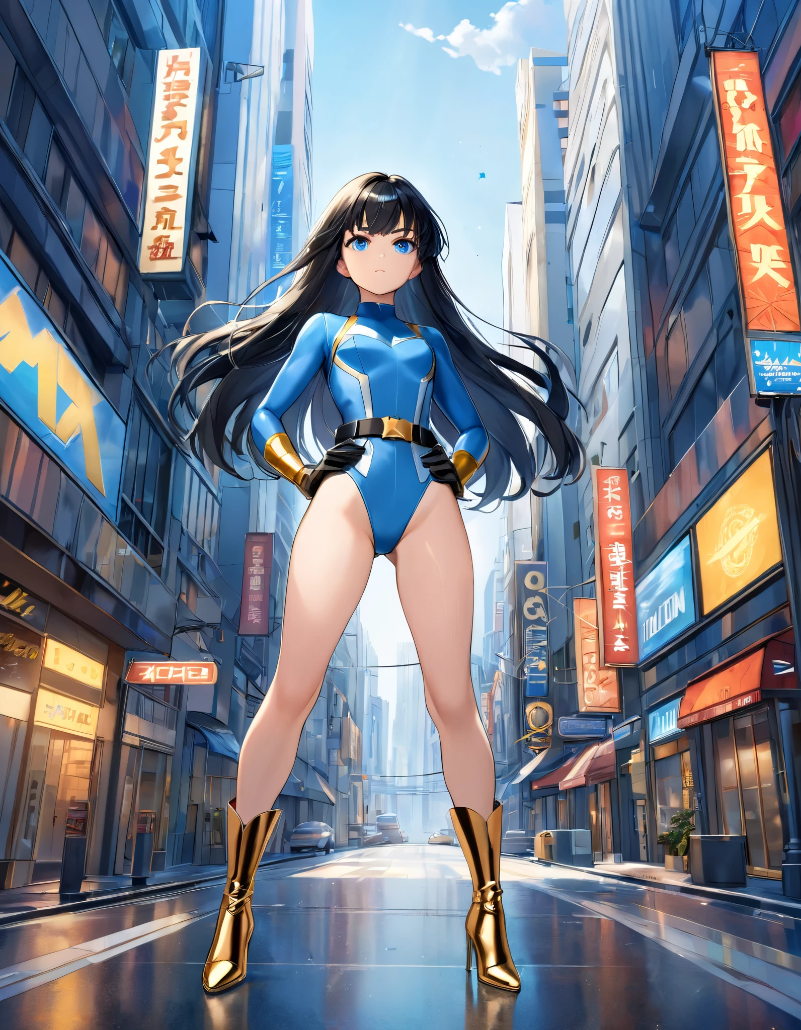 Masterpiece, best quality, high res, 8k, solo, solo focus, 1girl, superhero, black hair, long hair, blue eyes, bangs, serious expression, light blue and dark blue leotard, bare legs, matching boots and gloves, ankle boots, high heel boots, (star belt, high-waisted belt, gold belt), hands on hip, city street