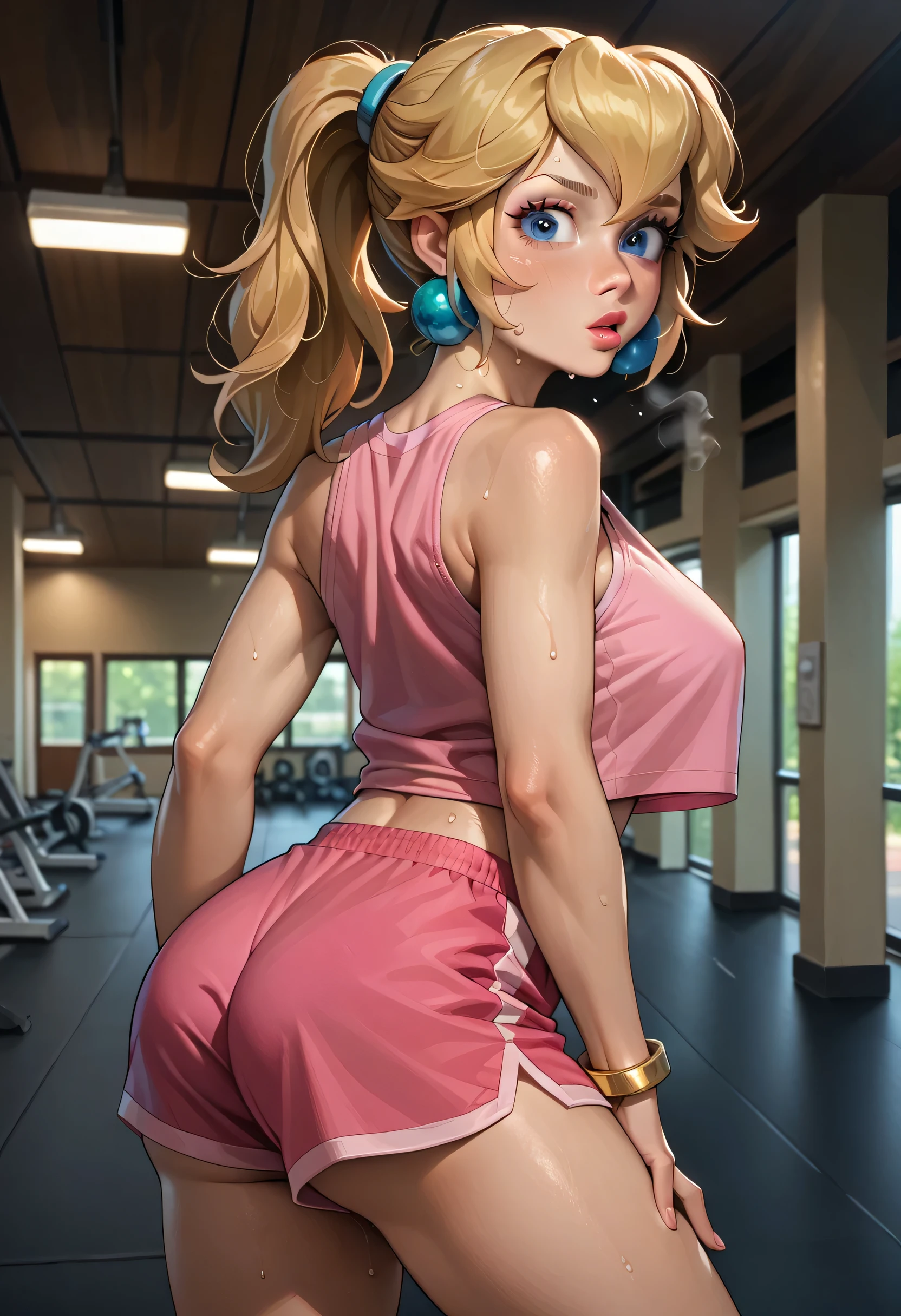 score_9, score_8_up, score_7_up, BREAK,princesspeach, 1girl, solo, , blonde hair, ponytail, jewelry, bracelet, makeup, casual, cowboy shot, blue eyes, looking at the viewer, large breasts, hands on knees, pink tanktop, sweaty, pink shorts, sweating profusely, open mouth, exhausted, heavy breathing, puddle of sweat on the ground, steam coming out her mouth, gym, indoors, looking back, ass focus