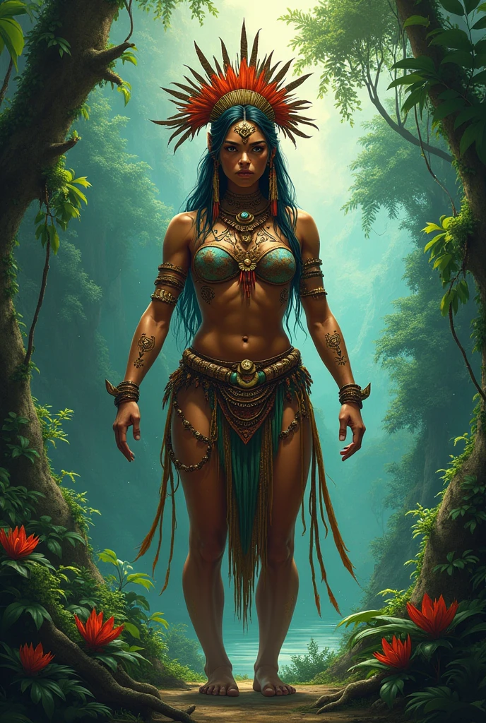 Beautiful Alluring Female aztec, tribal feathers, tribal beads, tribal ornaments, bronze ornaments, Bare oily Skin, Athletic Well Toned Body, cleavage, Barely Clothed, tirbal theme, aztec theme, on top of a jungle aztec shrine, Beautiful D&D Character Portrait, Beautiful Face, Ominous, Dark Fantasy, Fiverr Dnd Character, Octane Render, Digital Art, Extreme Detail, 4k, Ultra Hd, Polished, Beautiful, Hyperdetailed, Intricate, Elaborate, Meticulous, Photorealistic, Sharp Focus, Wlop, Character Design, Unreal Engine, 3d Rendered, Volumetric Lighting, Reflections, Glossy, Digital Illustration, Sensual Pose, Suggestive Pose, Full Body Shot, naked, visible niples, puffy ,💖❤💕💋❣