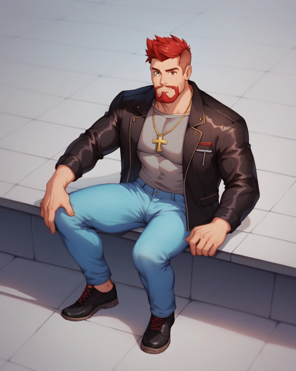 score_9, score_8_up, score_7_up, zPDXL, 1man, Wade Wuenschel, brown eyes, spike hair, red hair, brown highlights, red beard, gray shirt, black biker jacket, silver necklace cross, blue jeans pants, black shoes, muscles