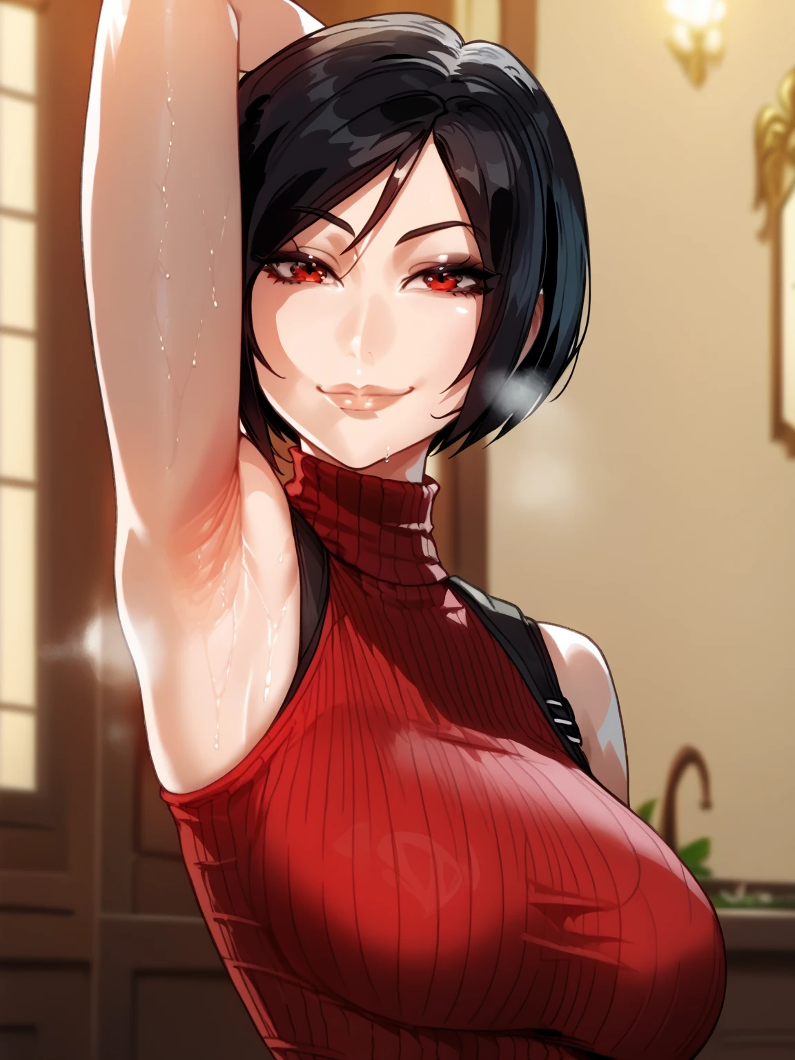 score_9, score_8_up, score_7_up, source_anime, anime screencap, 1girl, solo, Ada wong, red eyes, black hair, red sweater, sleeveless sweater, turtleneck sweater, ribbed sweater, arm up, raised arm, armpit, from side, looking at viewer, head towards viewer, smile, closed mouth, badhandv4, indoors , detailed armpits, sweaty armpits