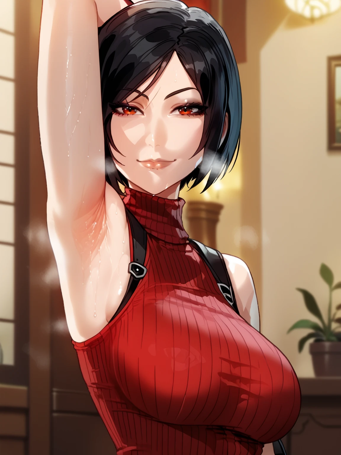 score_9, score_8_up, score_7_up, source_anime, anime screencap, 1girl, solo, Ada wong, red eyes, black hair, red sweater, sleeveless sweater, turtleneck sweater, ribbed sweater, arm up, raised arm, armpit, from side, looking at viewer, head towards viewer, smile, closed mouth, badhandv4, indoors , detailed armpits, sweaty armpits