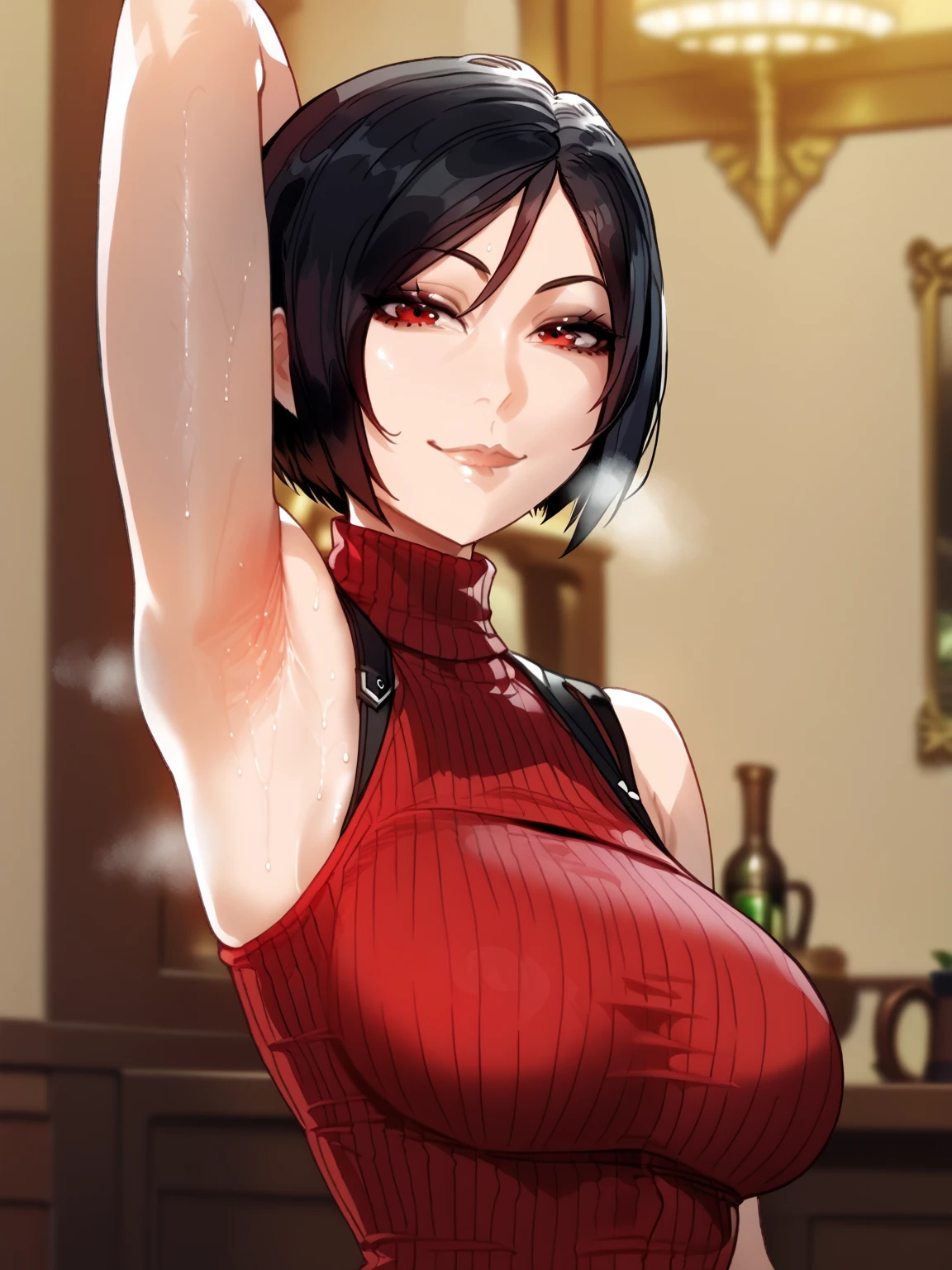 score_9, score_8_up, score_7_up, source_anime, anime screencap, 1girl, solo, Ada wong, red eyes, black hair, red sweater, sleeveless sweater, turtleneck sweater, ribbed sweater, arm up, raised arm, armpit, from side, looking at viewer, head towards viewer, smile, closed mouth, badhandv4, indoors , detailed armpits, sweaty armpits