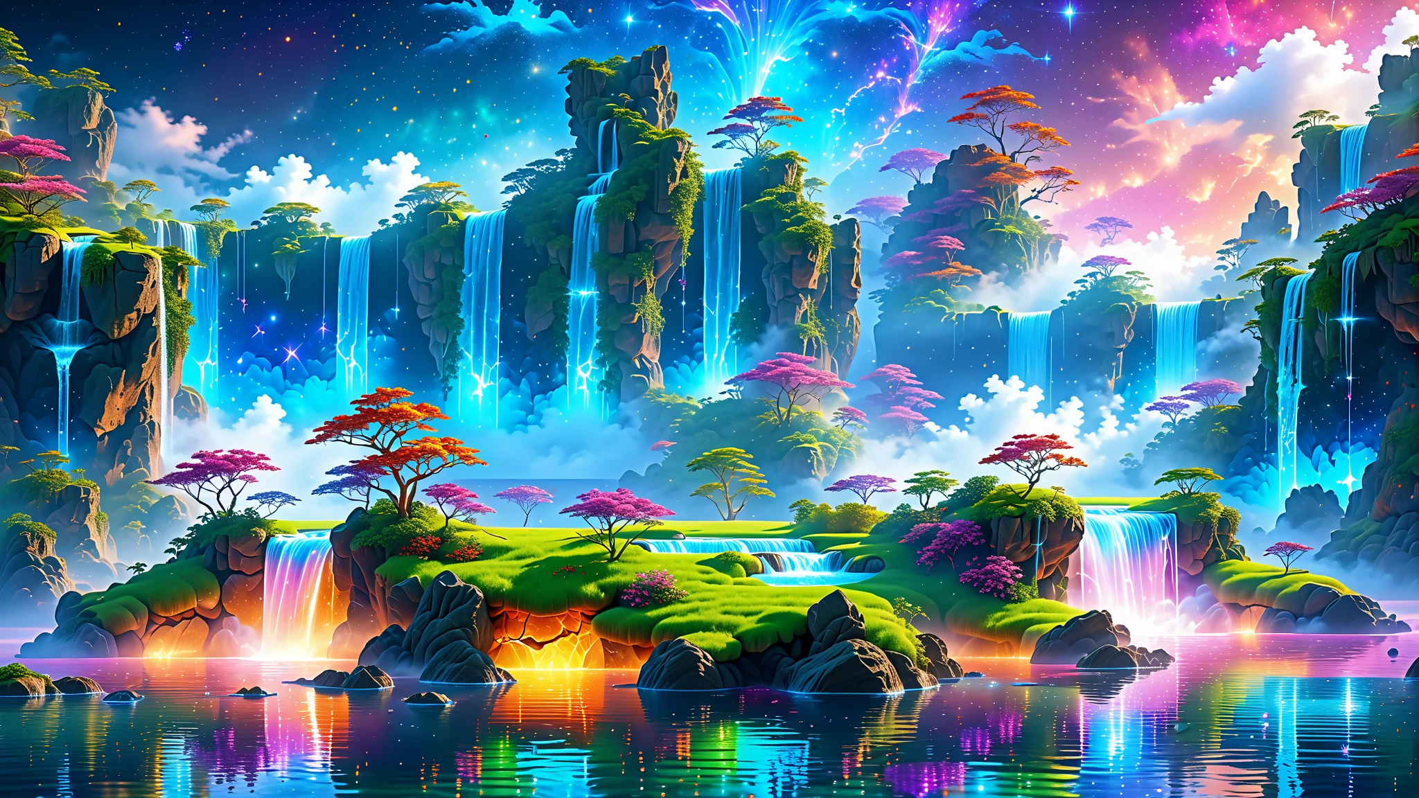 A Masterpiece In 32K Resolution, Supreme Quality, Super Detail, Official Art, Very High-Resolution 32K Wallpaper, Beautiful And Aesthetic, Ultra-Detailed Features, Awe-Inspiring Detail. A Massive Floating Island Suspended In The Air, Covered In Glowing Vegetation With Vivid Colors. Waterfalls Stream Off The Edges, Falling Into The Clouds Below And Creating Rainbow-Like Auras. The Island Is Surrounded By Hovering Energy Crystals That Emit A Subtle Glow. A Path Of Floating, Glowing Rocks Leads To The Island, And The Sky Is Filled With Starry Nebulas And Holographic Lights That Add A Futuristic, Ethereal Feel.