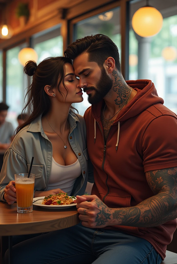 Sexy smiling Japanese couple Chef with hat and shirt off eating food.