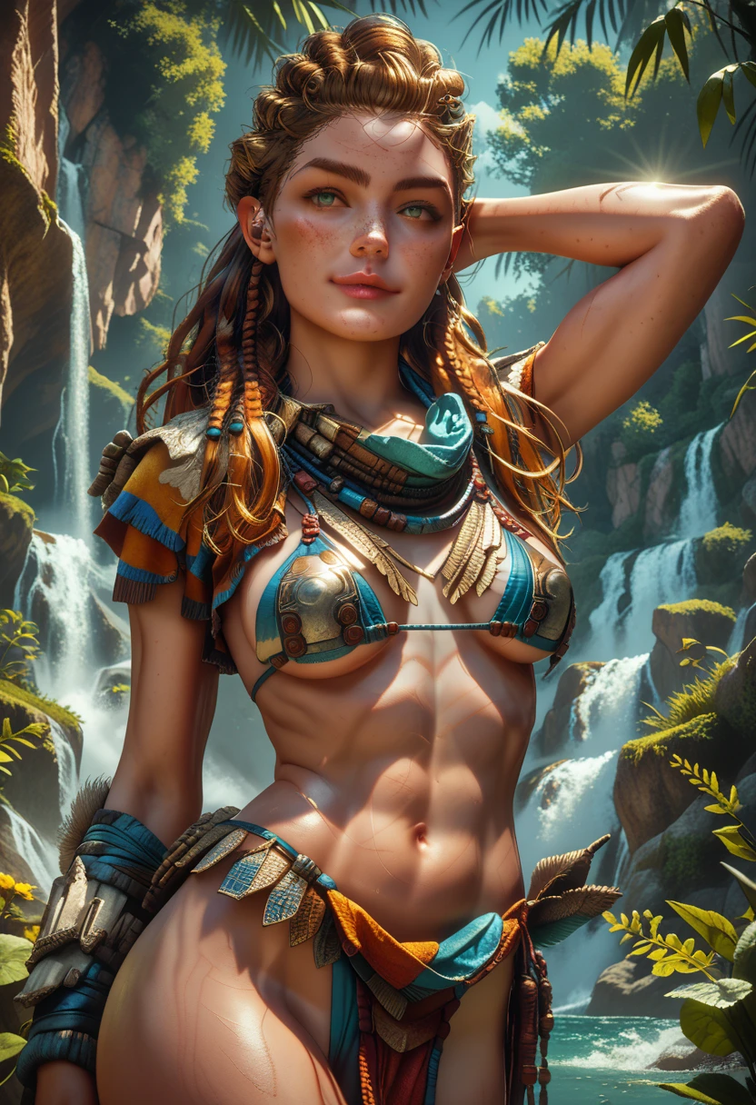 (Aloy:1.37), (Horizon Forbidden West Aloy:1.27),slim and toned, orange-brown hair, braids and hair ornaments, detailed green eyes, (best eyes), (freckles), light smile, (tiny bust), (wearing slingshot micro bikini), (armored bikini), tan lines outside bikini edge, (thighs showing), ultra-detailed, (beautiful face), detailed lips, contrapposto stance, hand behind head, (cowboy shot:1.38), (wide angle:1.28), high resolution, 8k, 16k, outdoor mountain landscape background, warm lighting, vibrant color palette, d3t41l3d, (HFWAloy, 1girl, long hair), CyberRealistic_Negative_PONY