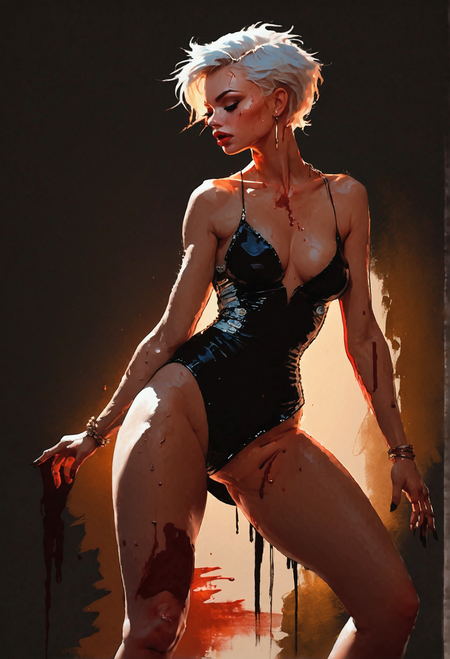 (masterpiece), cartoon, best quality，(photo_(medium):1.0), by Antonio J. Manzanedo, by Jeremy Lipking, lightning, painting style with watercolor, (Brushstrokes:1.8)colorful，vibrant blue hues colors full body shot, An ultra hot gorgeous European woman, age 23. orange hair.((Body covered with blood splash)). She’s full of fury and anger. Red lips.