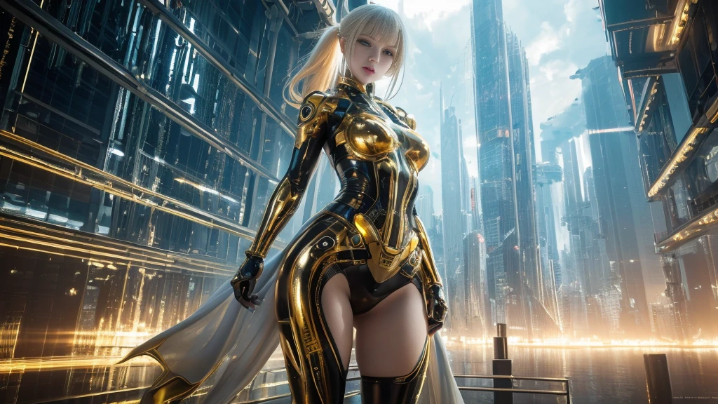 Translucent fine golden color mechanical girl, Futuristic girl, ((woman/demon/skeleton/zombie/Batman/)), Mechanical joint, futuristic urban background, ModelShoot style, (Highly detailed Cg Unity 8K Wallpaper), Abstract style beauty,, surrealism, 8K, Super detailed, Best quality, Awarded, Anatomically correct, 16k, Highly detailed,big tits , cameltoe , white hair