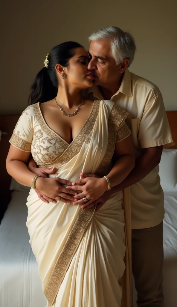 Close up shot, A radiant South Indian, chiffon white colour chiffon saree wearing plus sized girl ,with her curvaceous figure , hugging and kissing on the lips of a jubilant 60 year old joyous embrace in a bedroom, captured in a full body image with vibrant colors and intricate details. Full body image