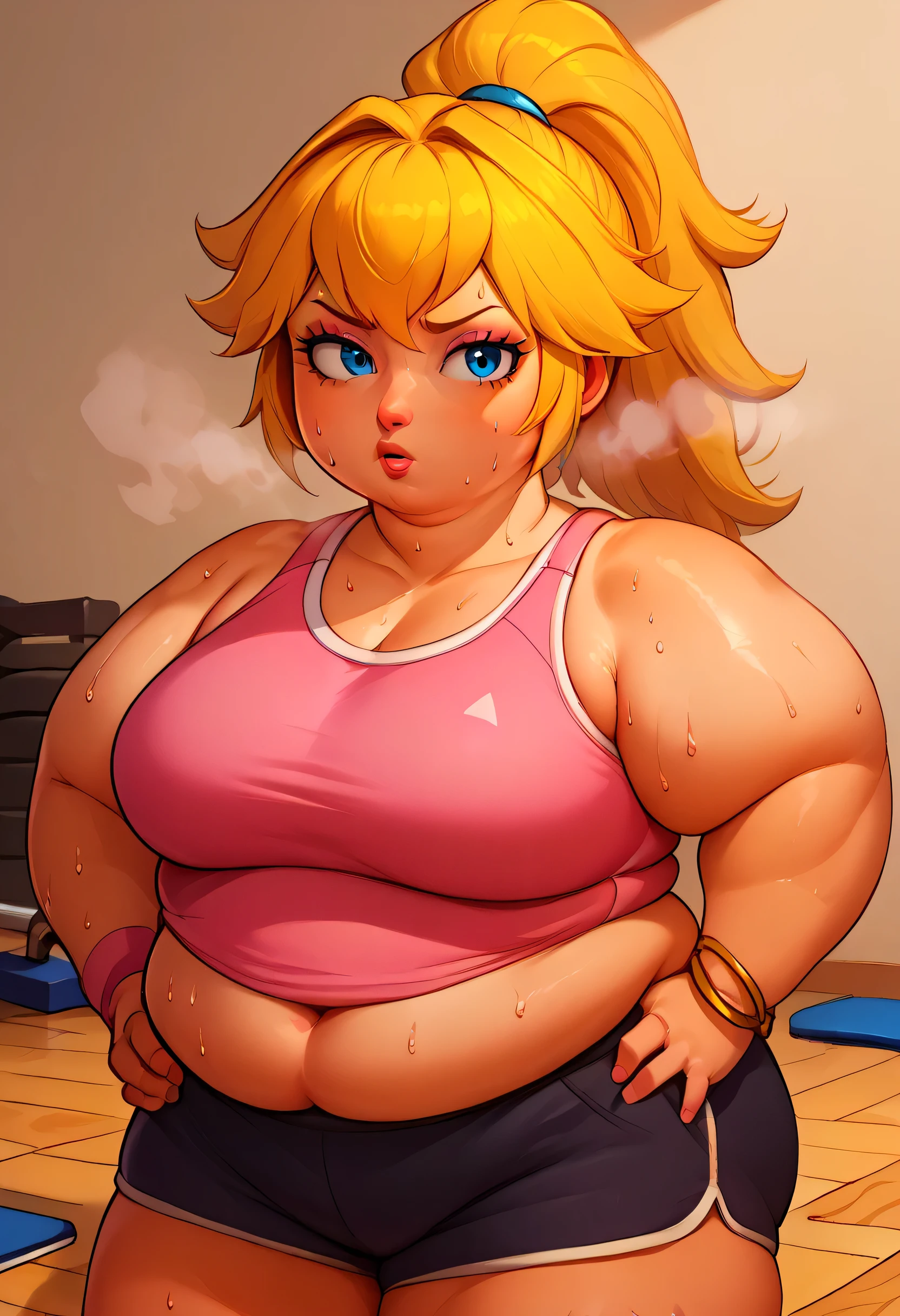 score_9, score_8_up, score_7_up, BREAK,princesspeach, 1girl, solo, , blonde hair, ponytail, jewelry, bracelet, makeup, casual, cowboy shot, blue eyes, looking at the viewer, large breasts, hands on hips, pink tanktop, sweaty, black shorts, sweating profusely, open mouth, exhausted, heavy breathing, puddle of sweat on the ground, steam coming out her mouth, gym, indoors, fat, chubby, obese