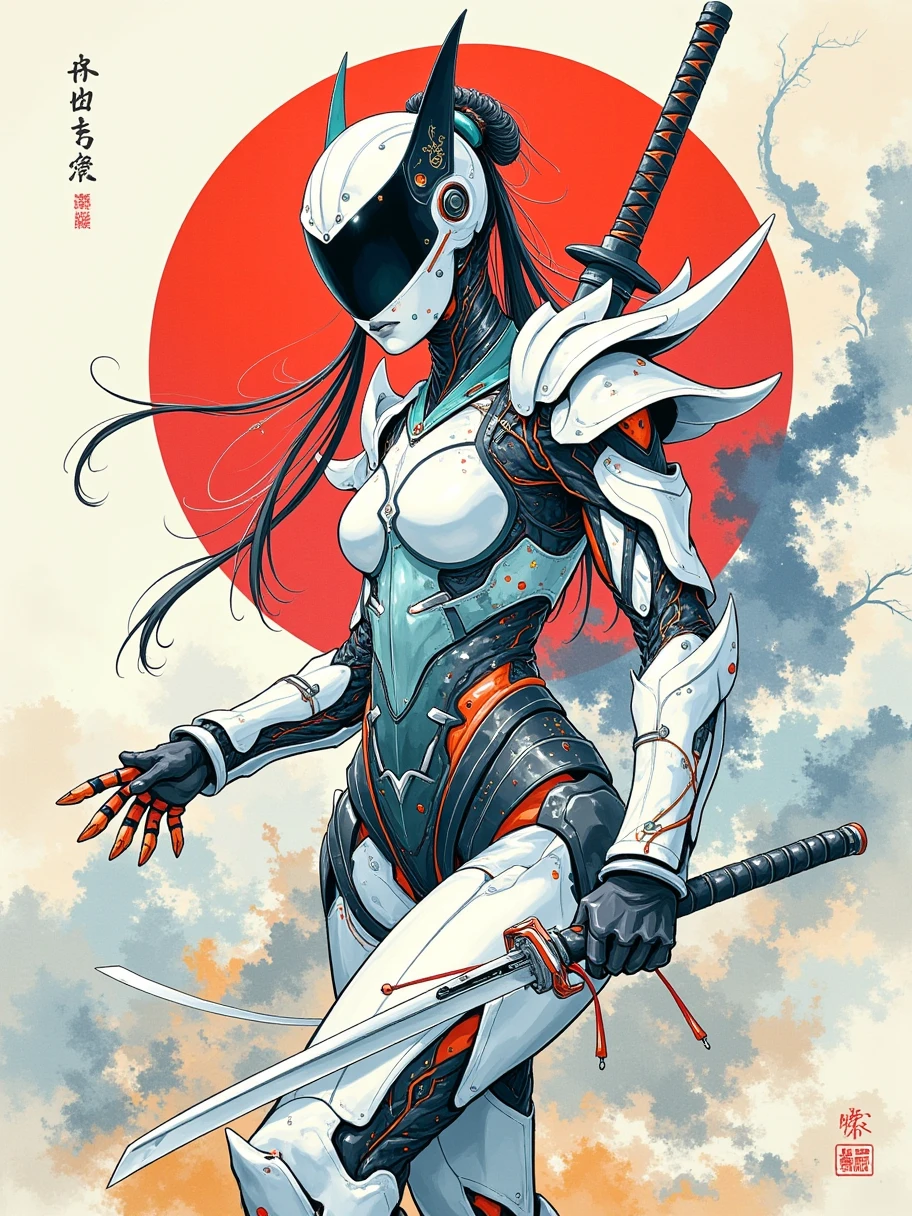  traditional Chinese ink painting art style，ink on paper ，Wabi-sabi， henna and carmine ， Tan ， cyberpunk warrior woman ， face with mirror mask ， ultra-detailed helmet ， white and neon armor ，joint，Body made of metal、 cables and wires ， handle holding a katana 