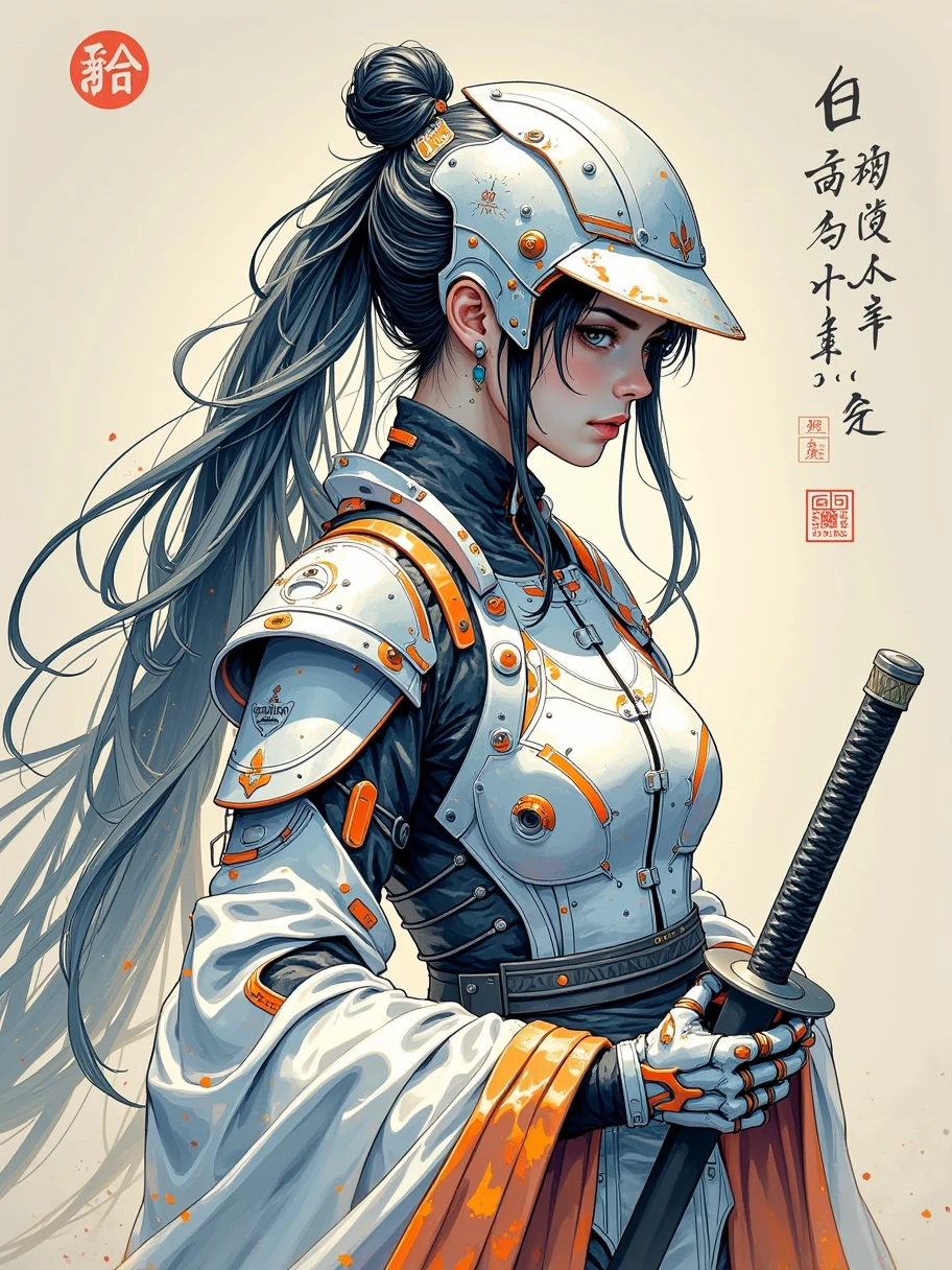  traditional Chinese ink painting art style，ink on paper ，Wabi-sabi， henna and carmine ， Tan ， cyberpunk warrior woman ， face with mirror mask ， ultra-detailed helmet ， white and neon armor ，joint，Body made of metal、 cables and wires ， handle holding a katana 